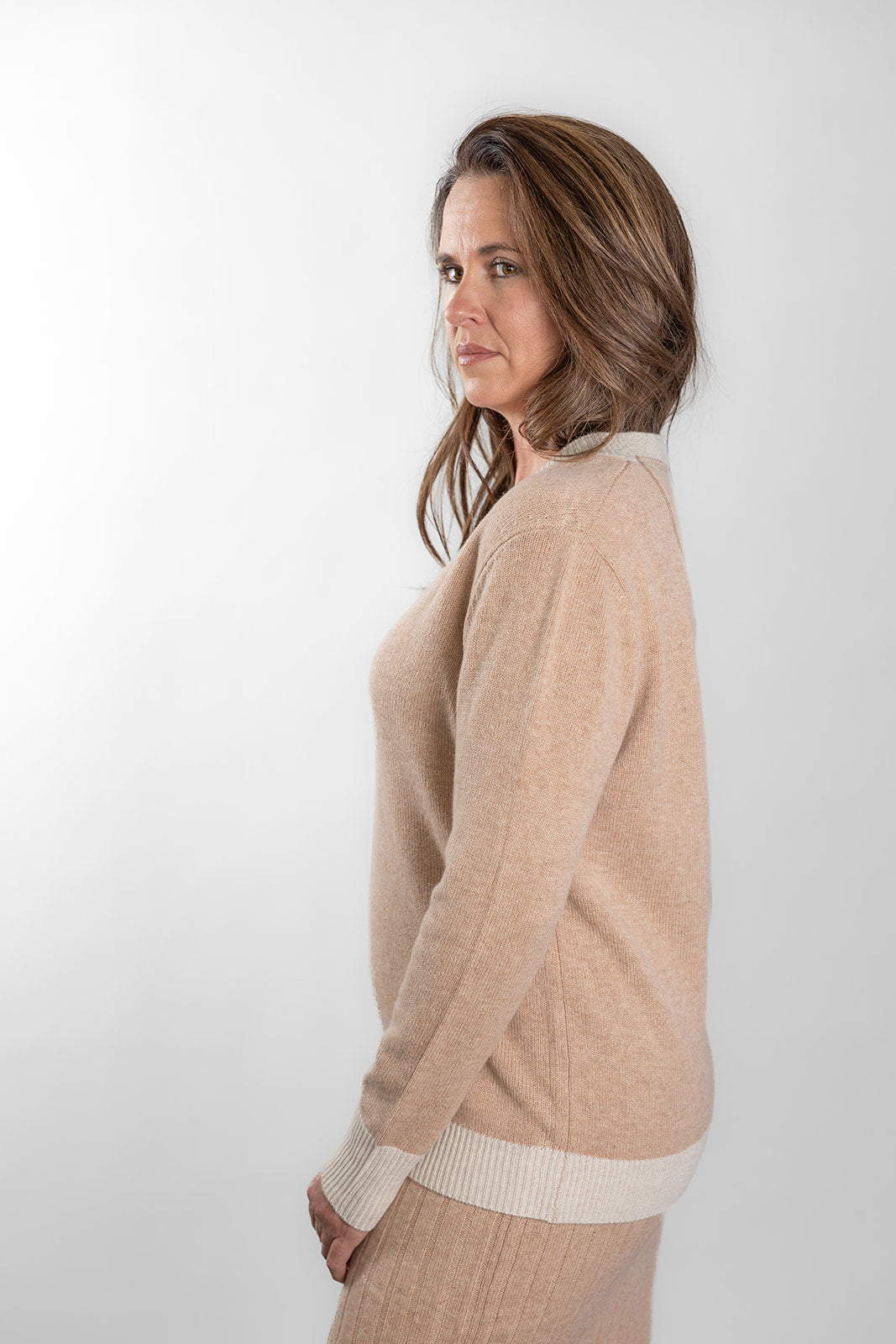 Camel Ribbed V-Neck Jumper