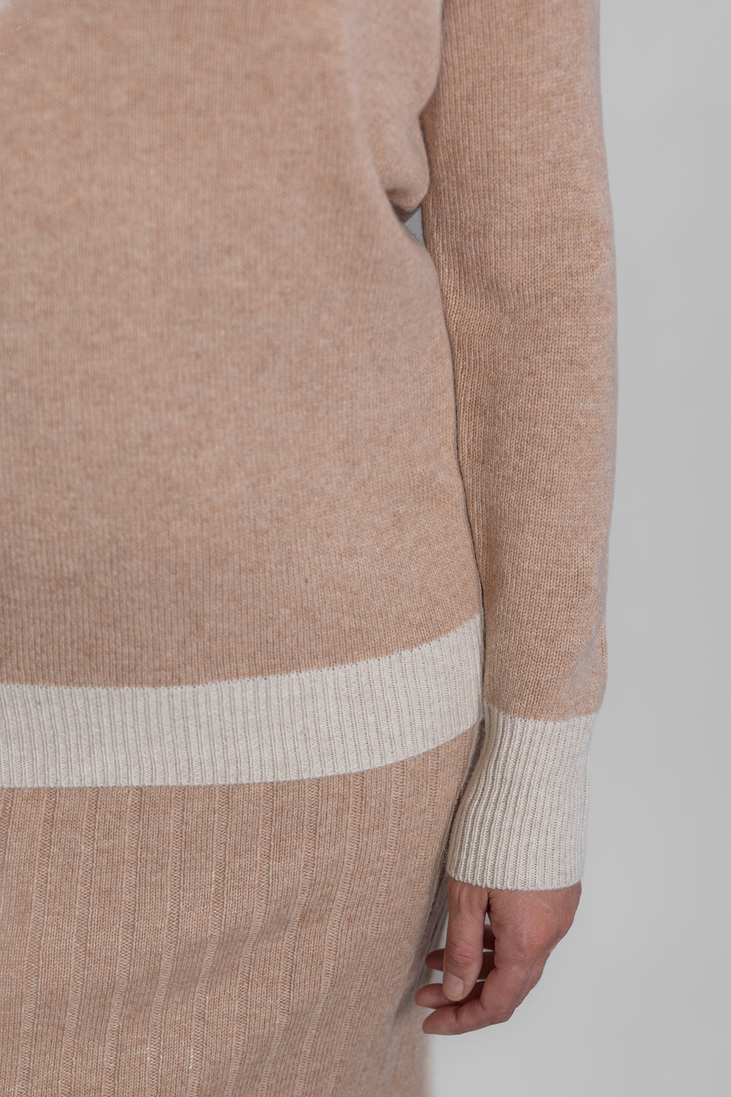 Camel Ribbed V-Neck Jumper