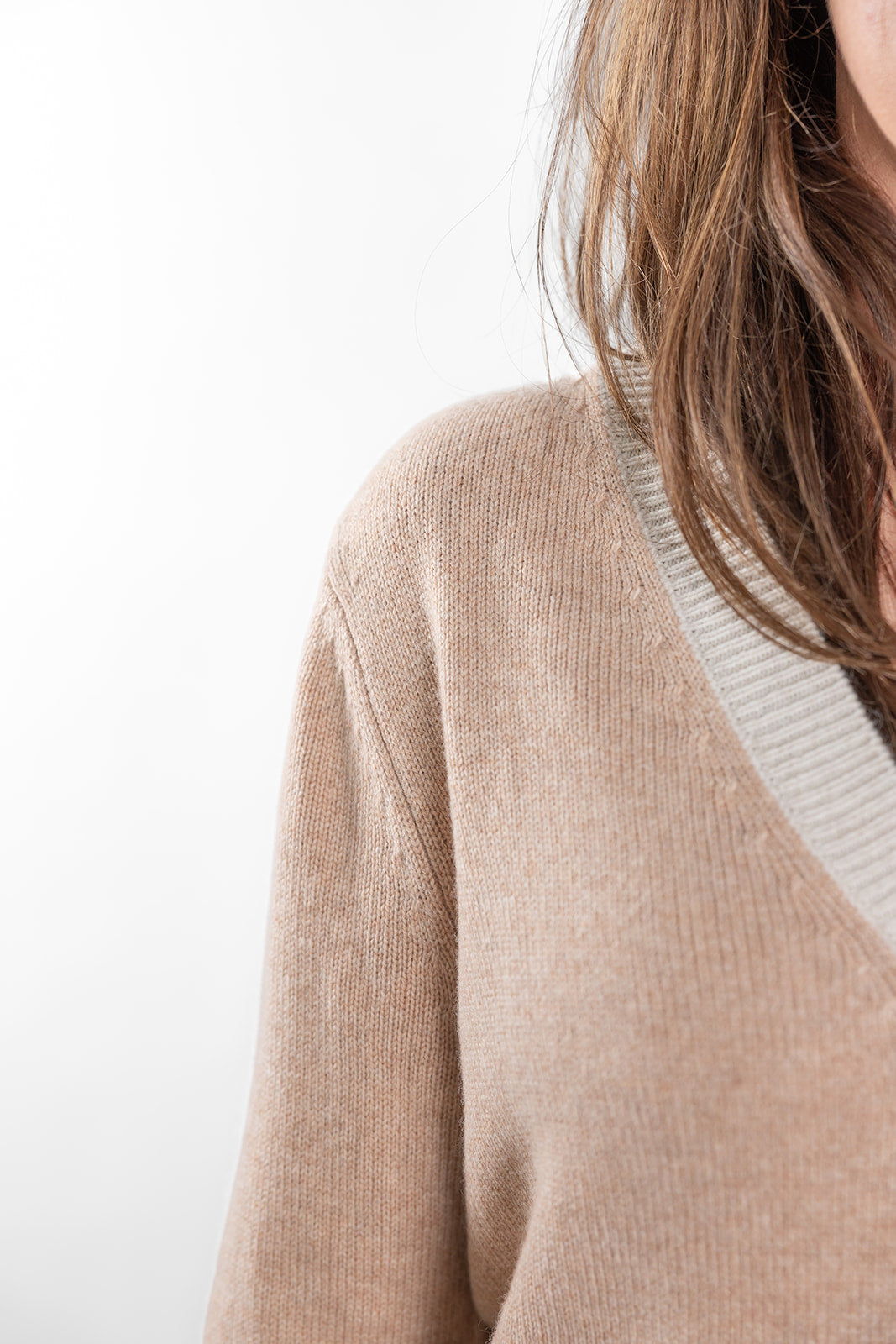 Camel Ribbed V-Neck Jumper