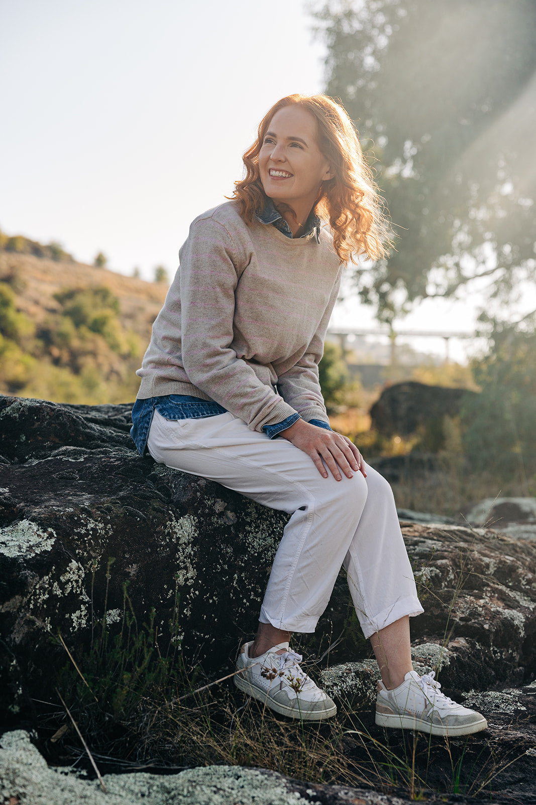 Oatmeal and Baby Pink Breton Crew