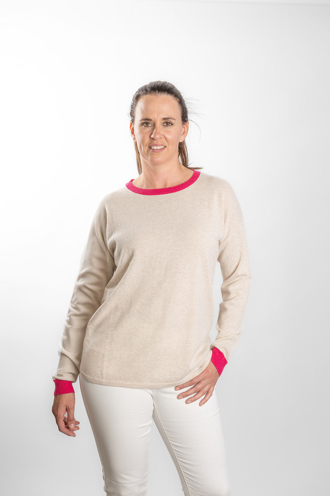 Oatmeal with Bright Pink Contrast Swing