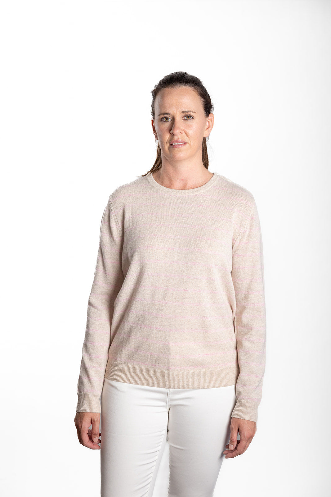 Oatmeal and Baby Pink Breton Crew