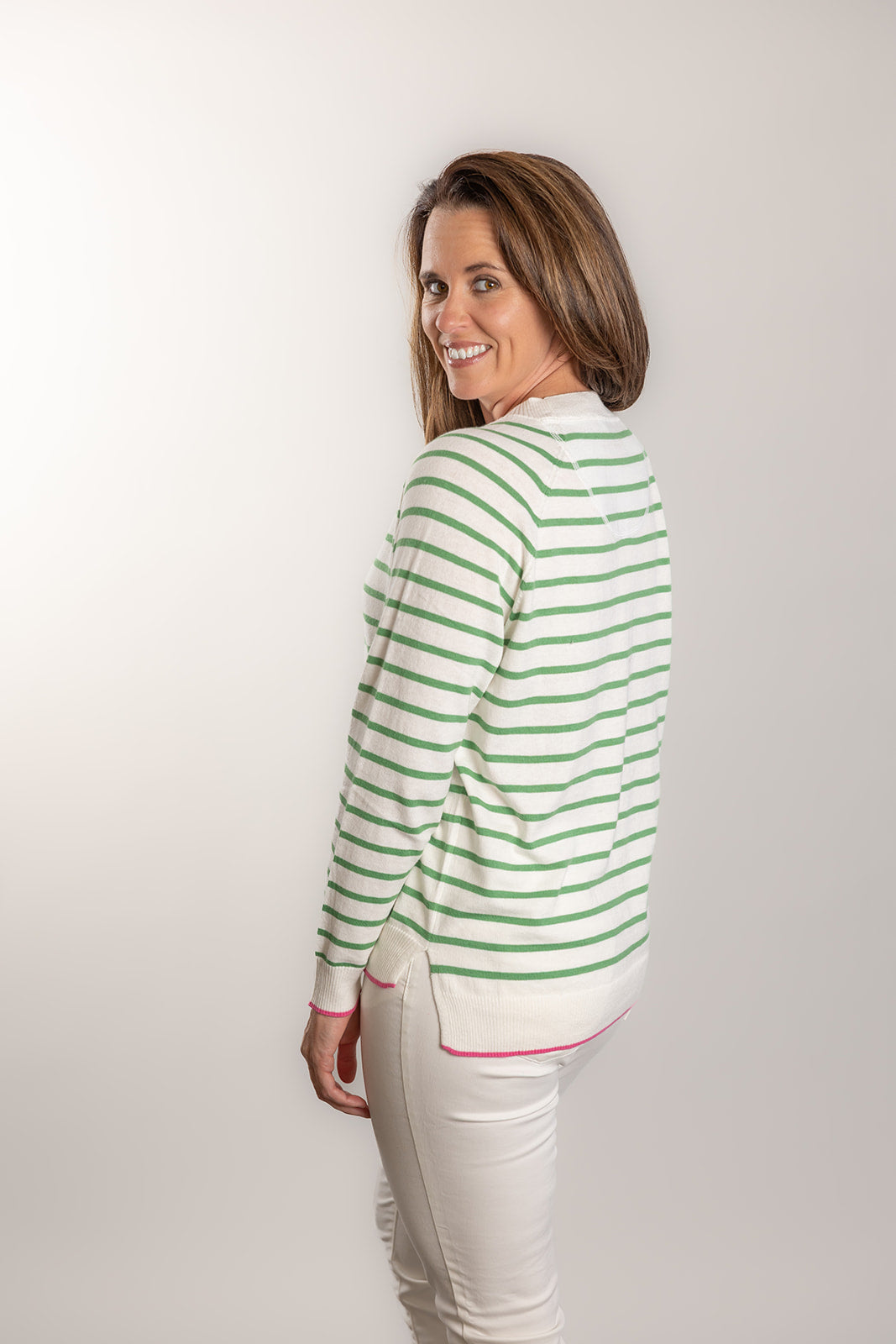 White and Mint Stripe Cotton Cashmere Crew