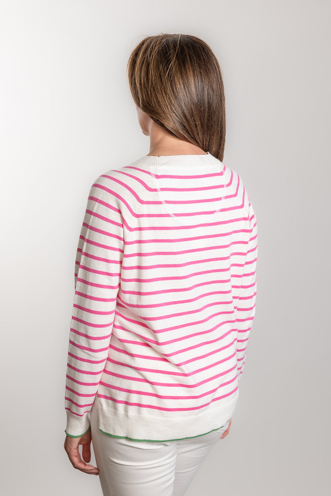 White and Pink Stripe Cotton Cashmere Crew