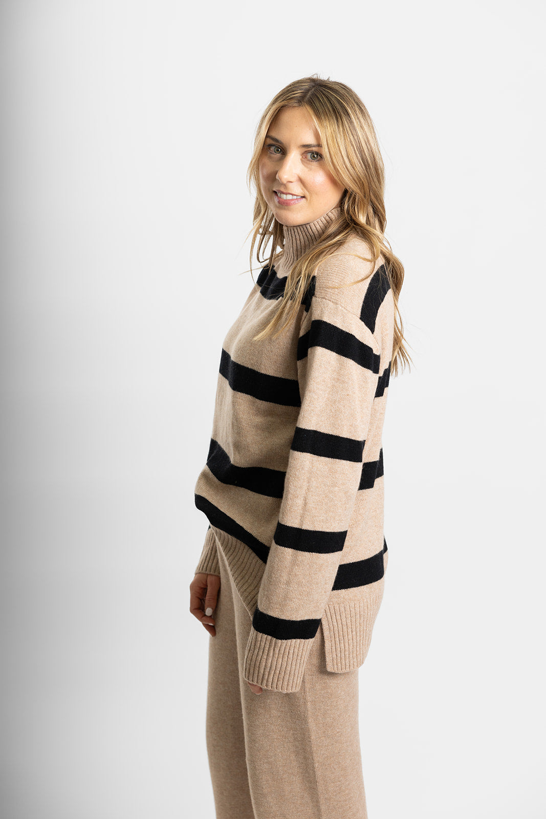 Camel and Black Stripe Polo Neck