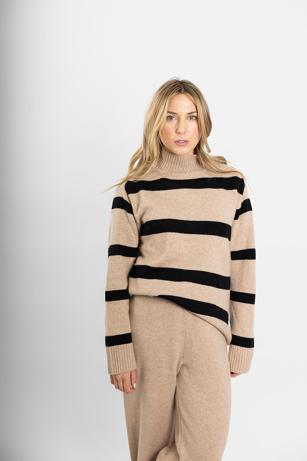 Camel and Black Stripe Polo Neck