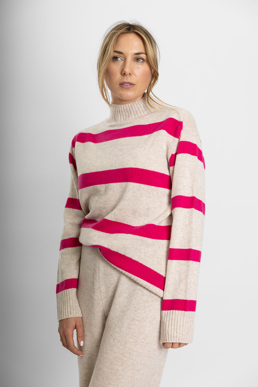 Oatmeal & Bright Pink Polo Neck