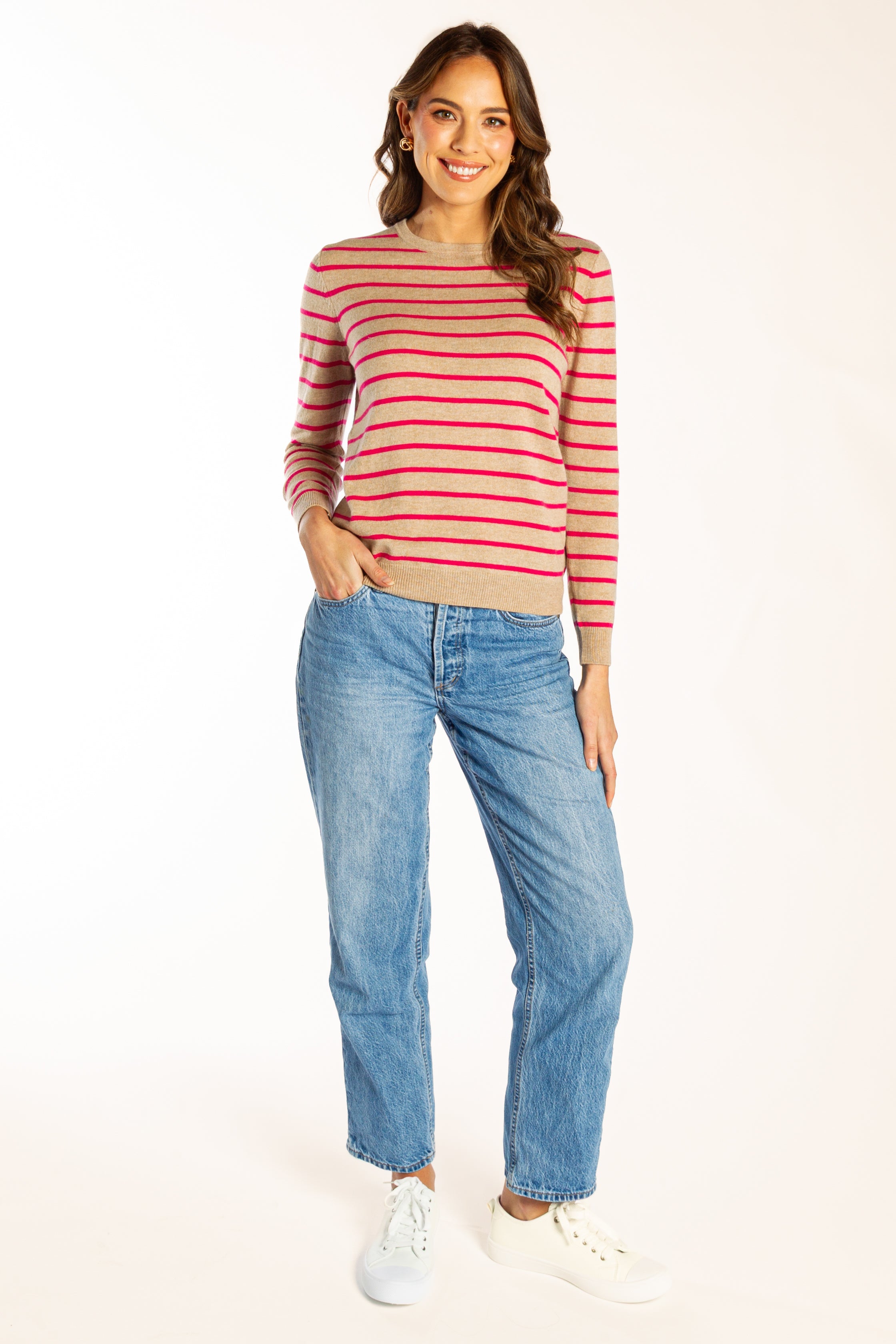 Latte and Bright Pink Breton Crew Neck