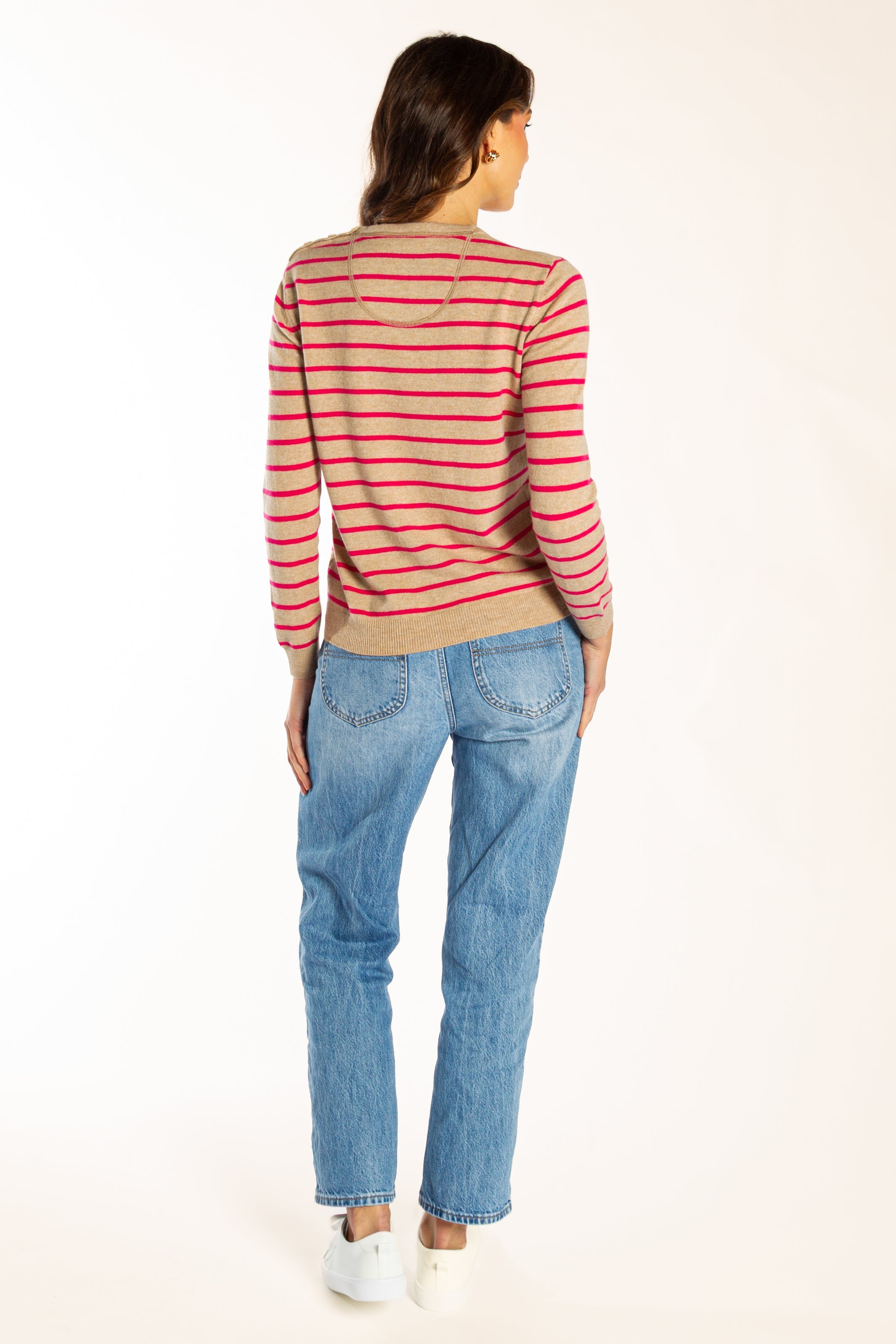 Latte and Bright Pink Breton Crew Neck