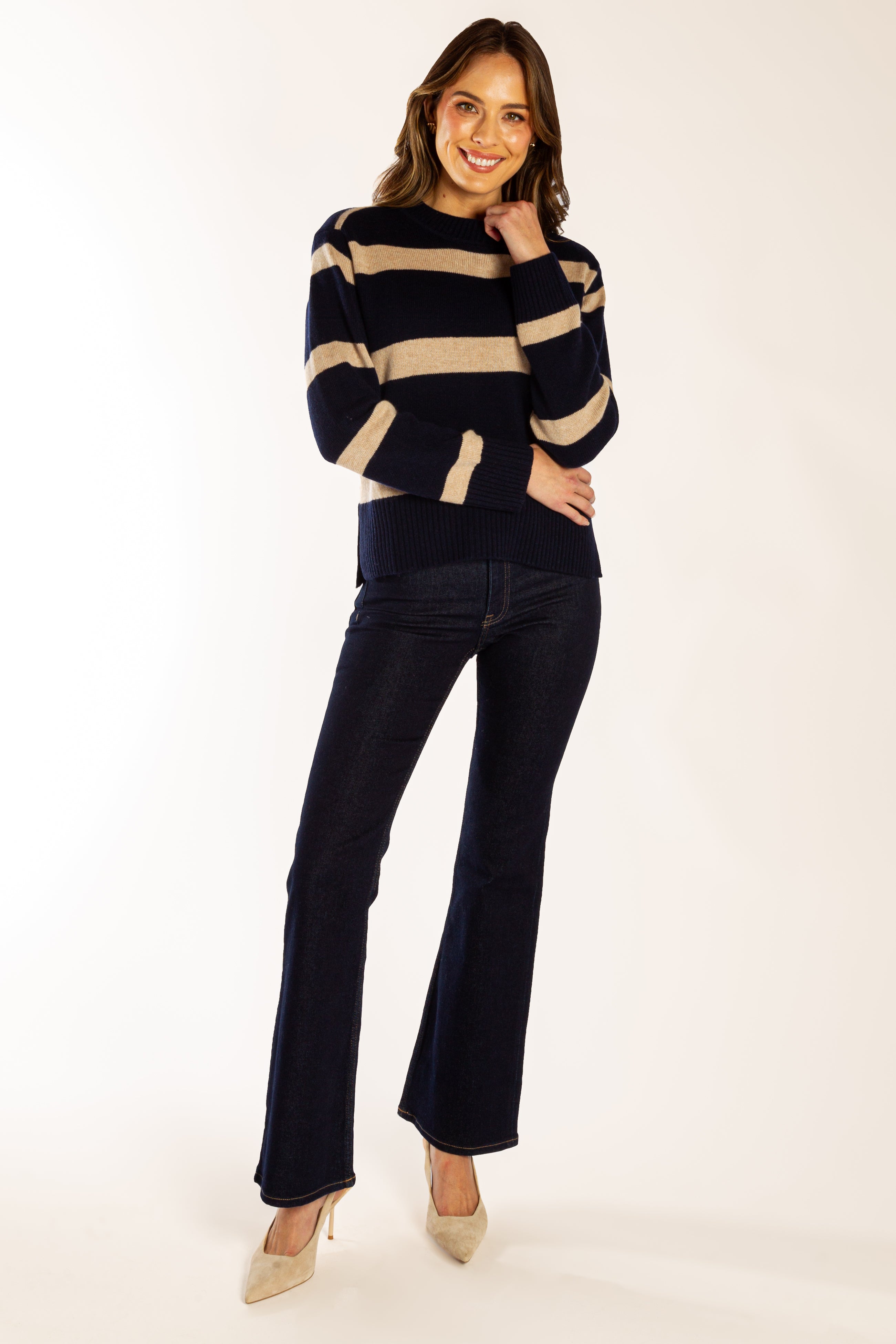 Navy w Latte Stripe Boxy Crew Neck