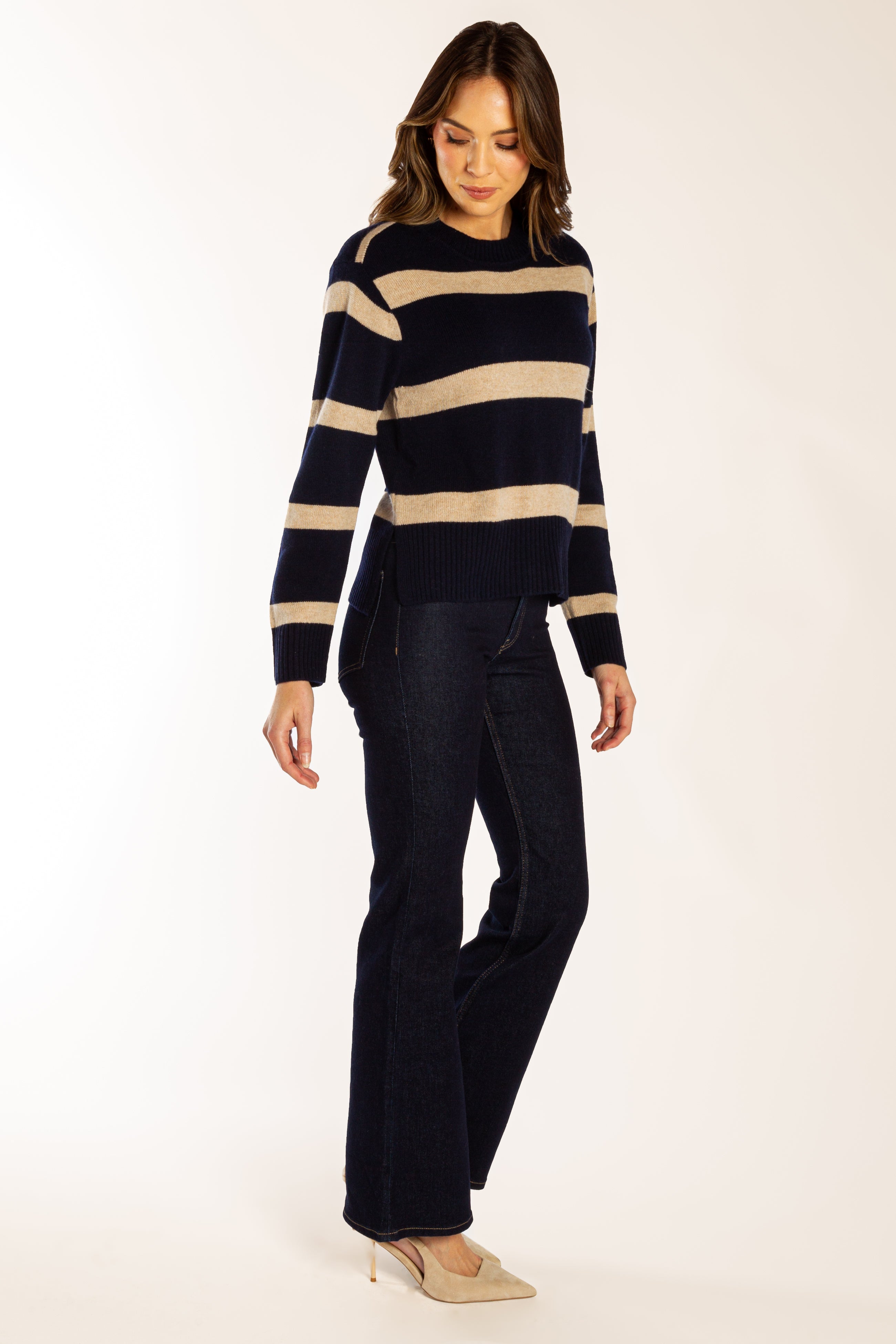 Navy w Latte Stripe Boxy Crew Neck