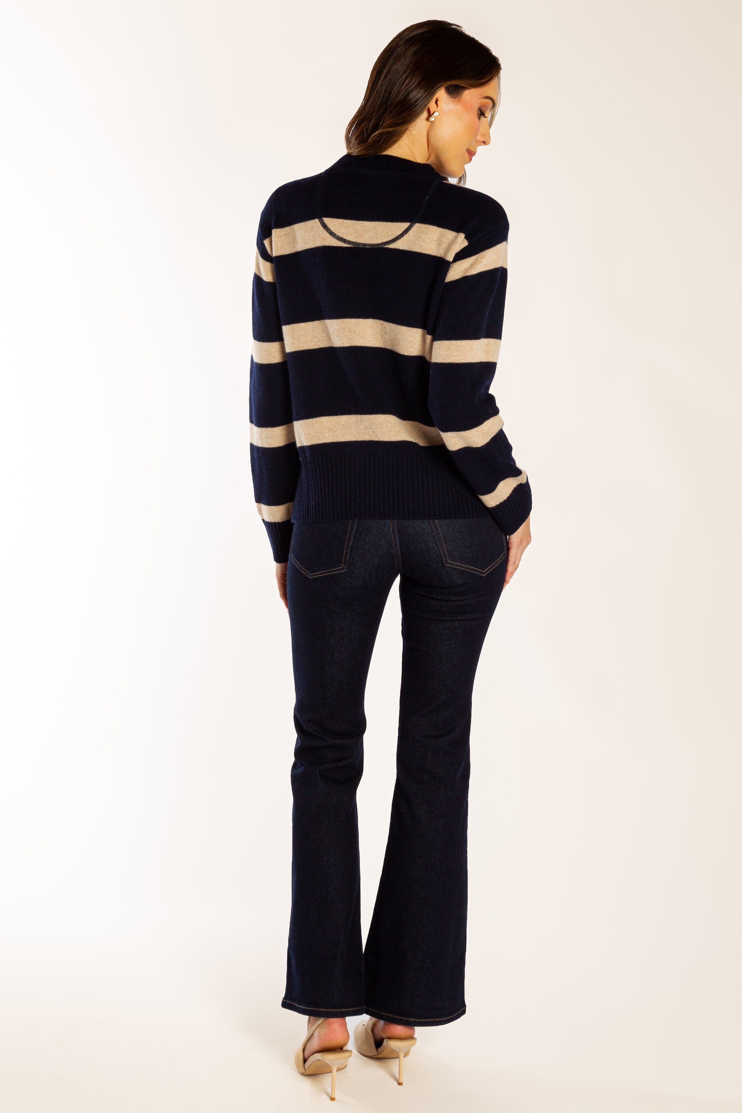 Navy w Latte Stripe Boxy Crew Neck