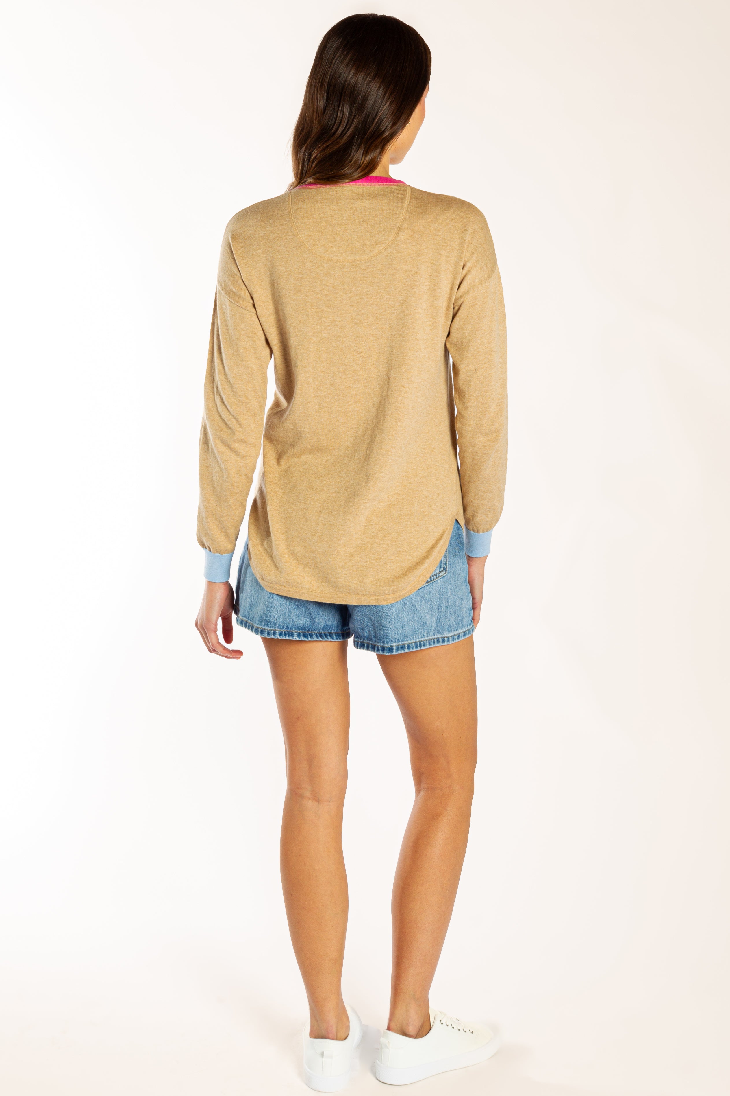 Latte Cotton Cashmere Swing w Contrast Neck & Cuffs