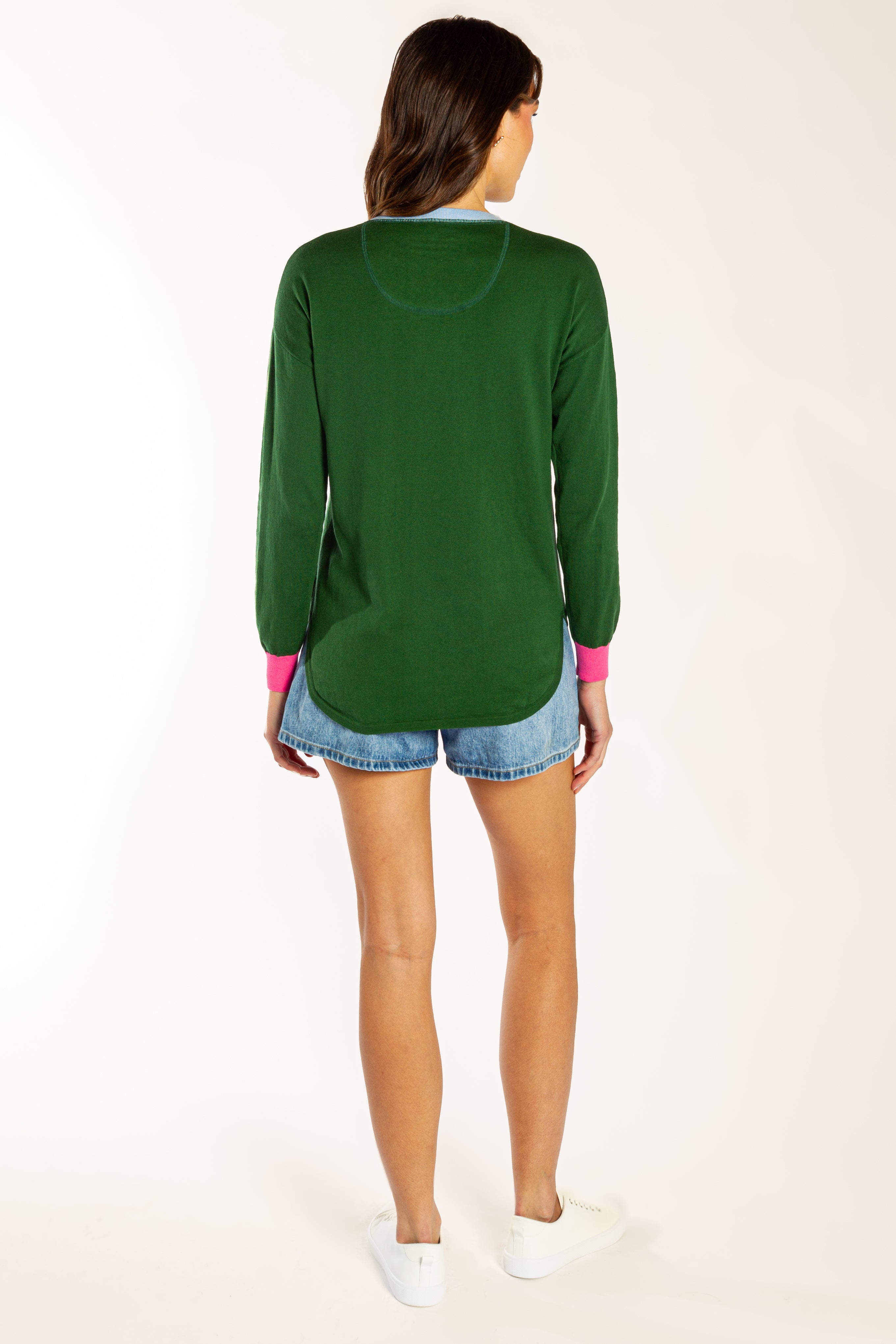 Green Cotton Cashmere Swing w Contrast Neck & Cuffs