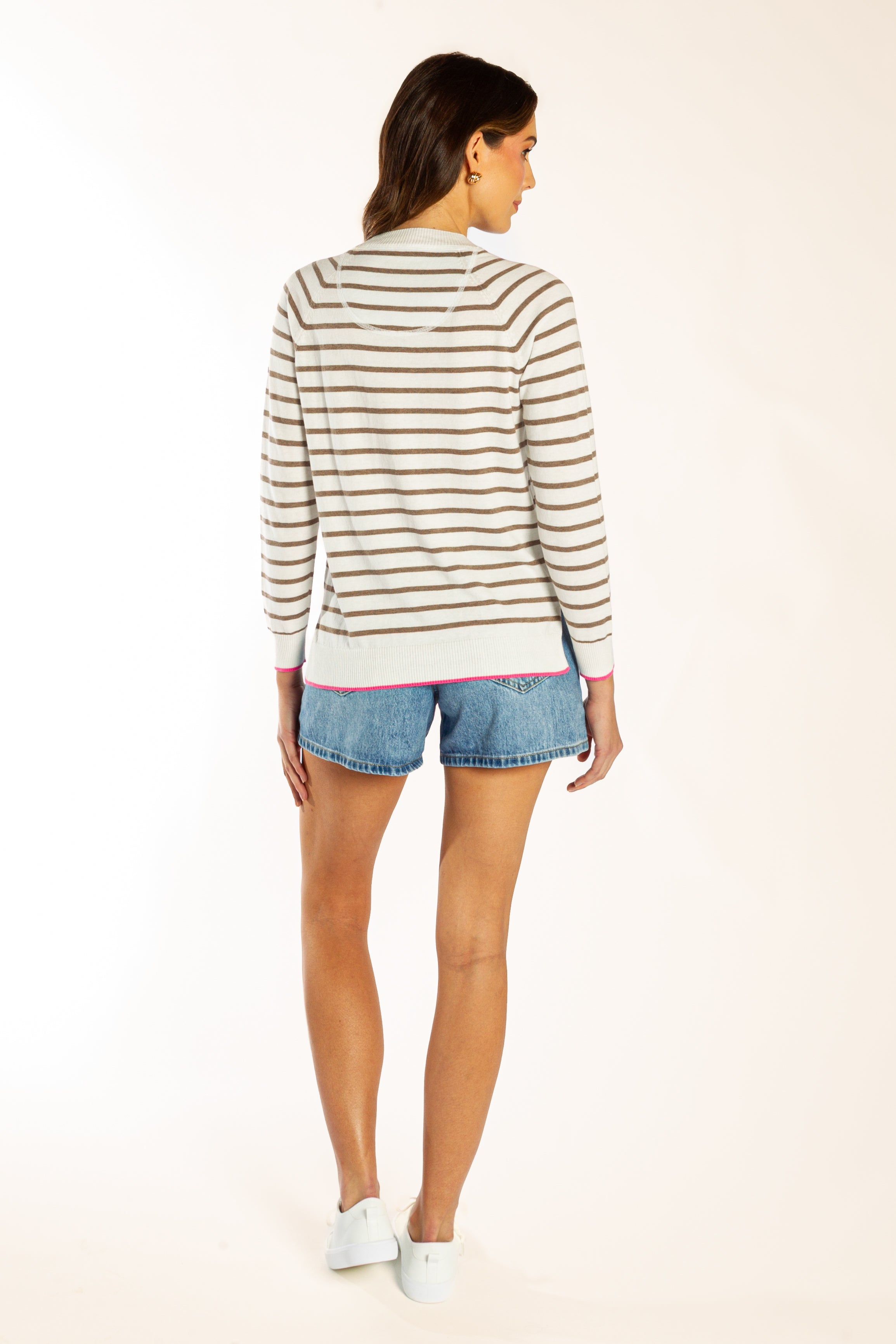 White & Brown Stripe w Hot Pink Contrast Cotton Cashmere Striped Crew Neck