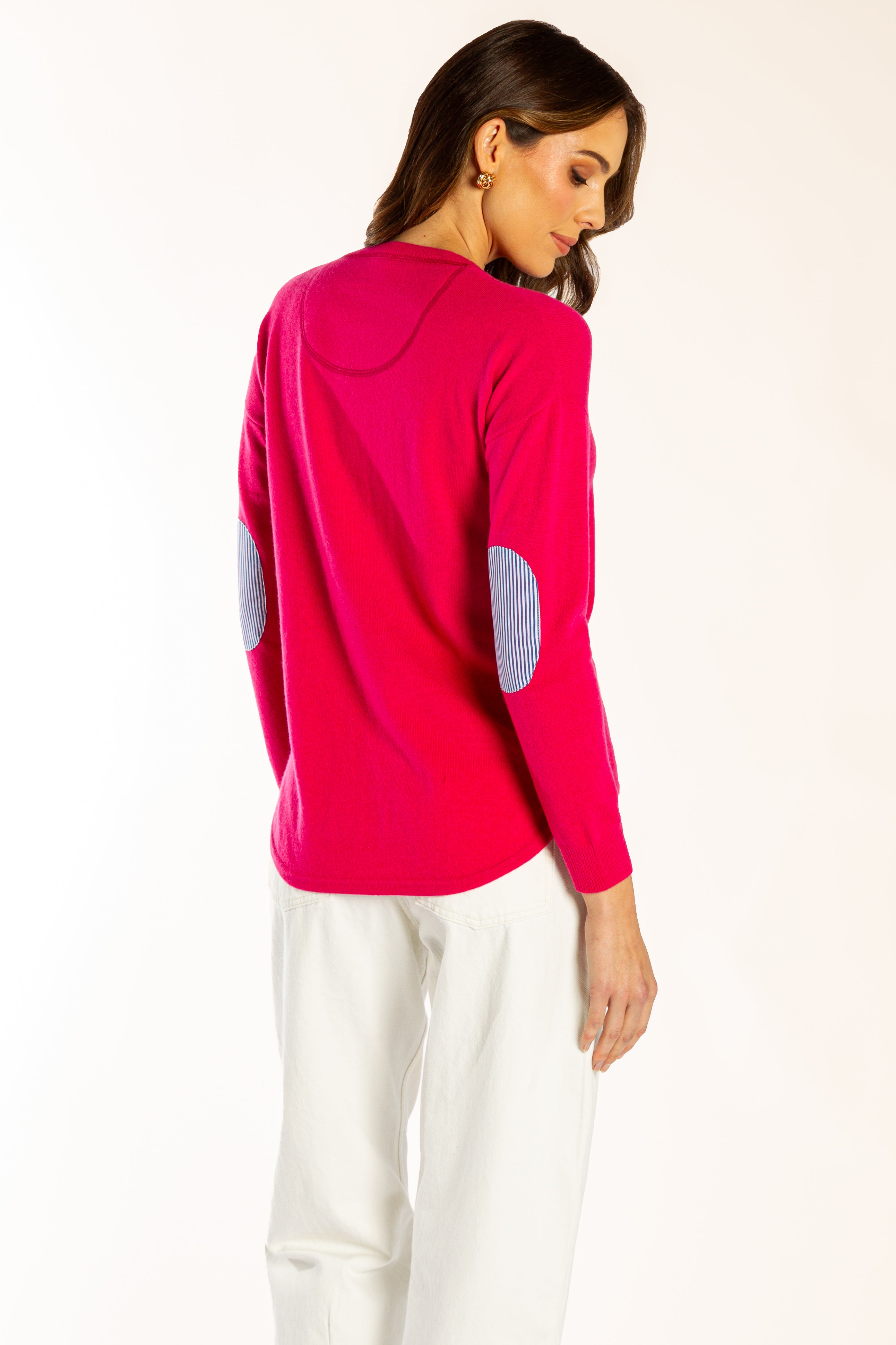 Hot Pink Swing w Blue & White Stripe Elbow Patches