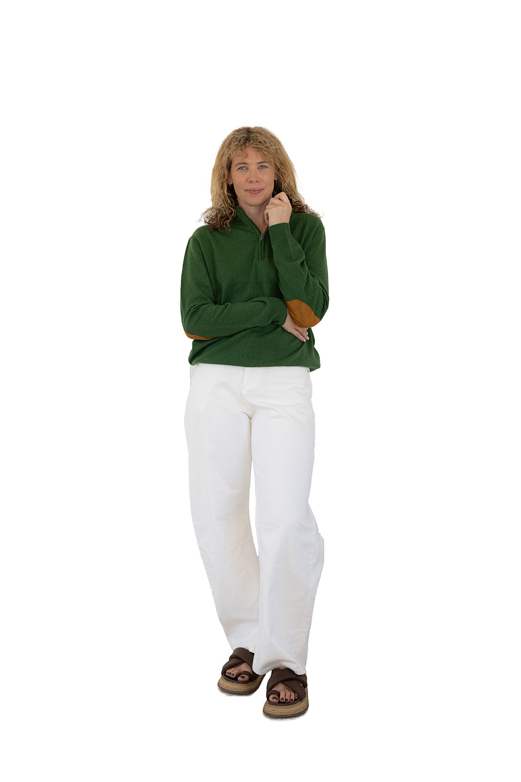 Green Unisex Zip Collar w Tan Elbow Patches