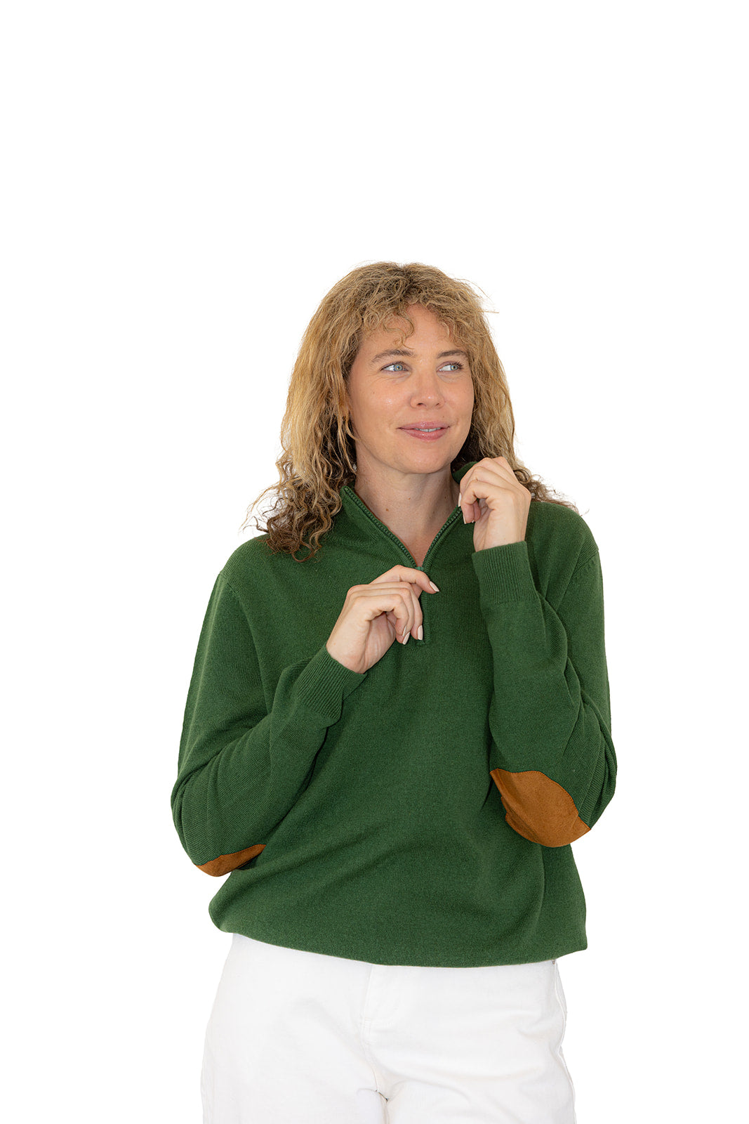 Green Unisex Zip Collar w Tan Elbow Patches
