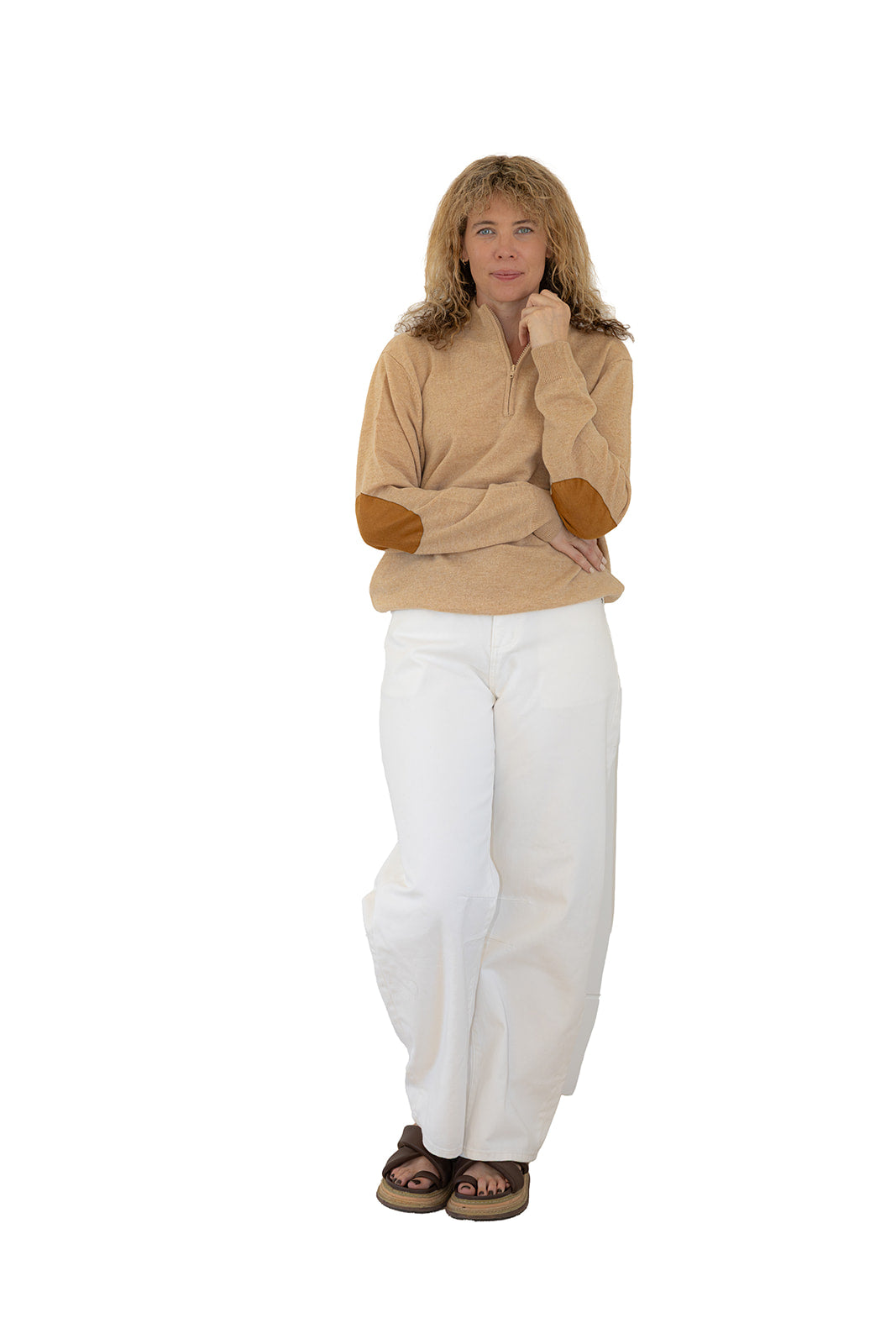 Latte Unisex Zip Collar w Tan Elbow Patches