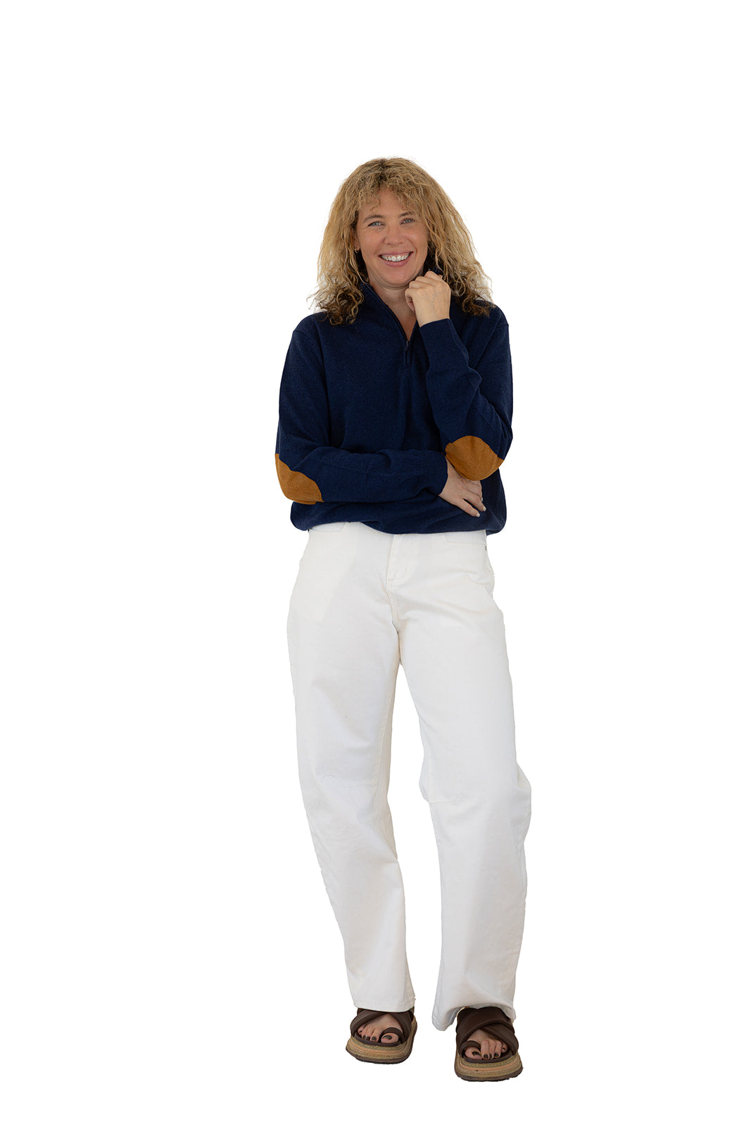 Ink Blue Unisex Zip Collar w Tan Elbow Patches
