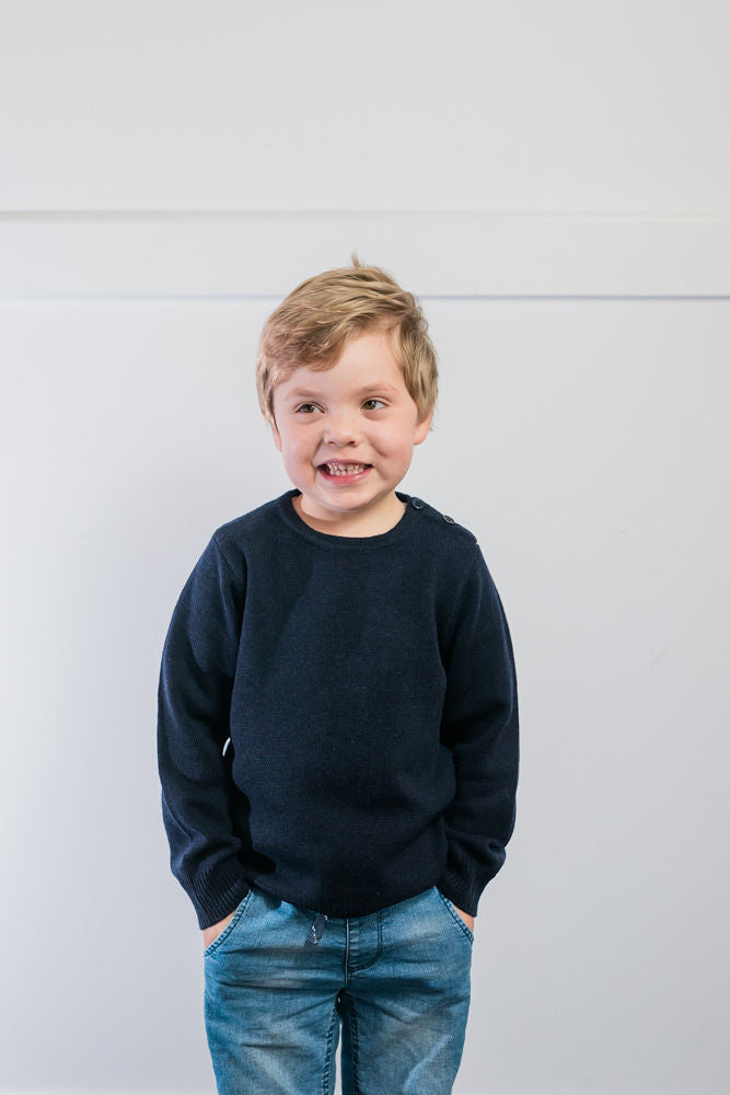 Navy Freddie Crew Neck Jumper with Blue and White Stripe Patches