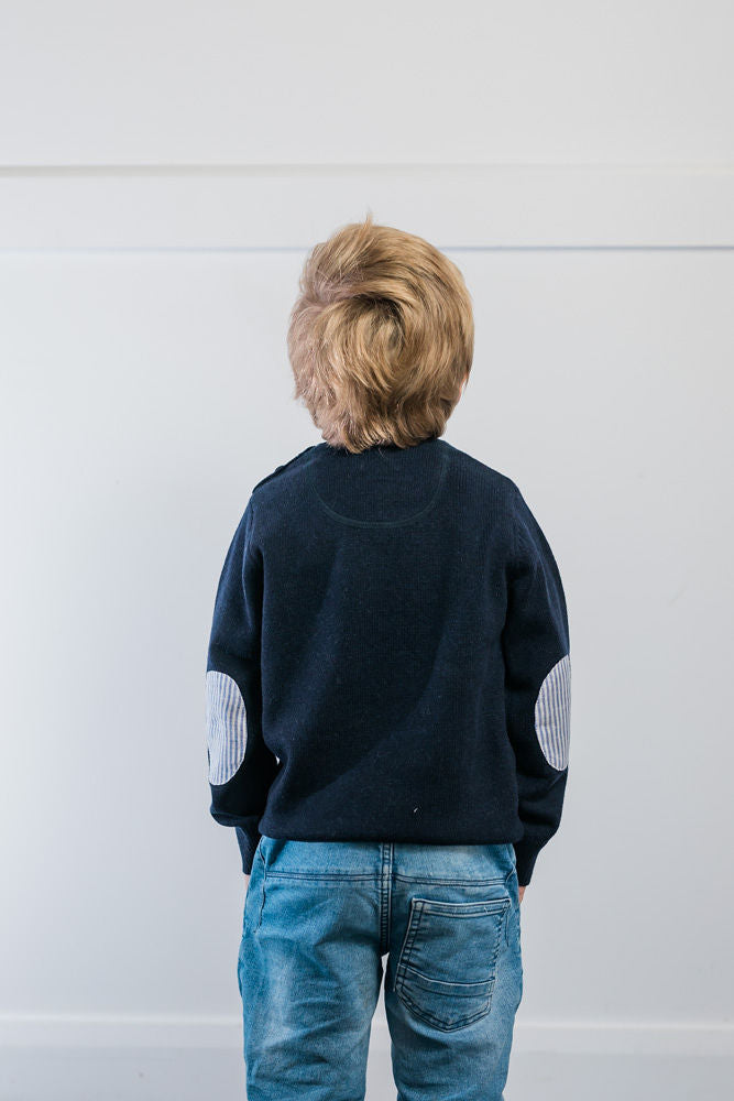 Navy Freddie Crew Neck Jumper with Blue and White Stripe Patches