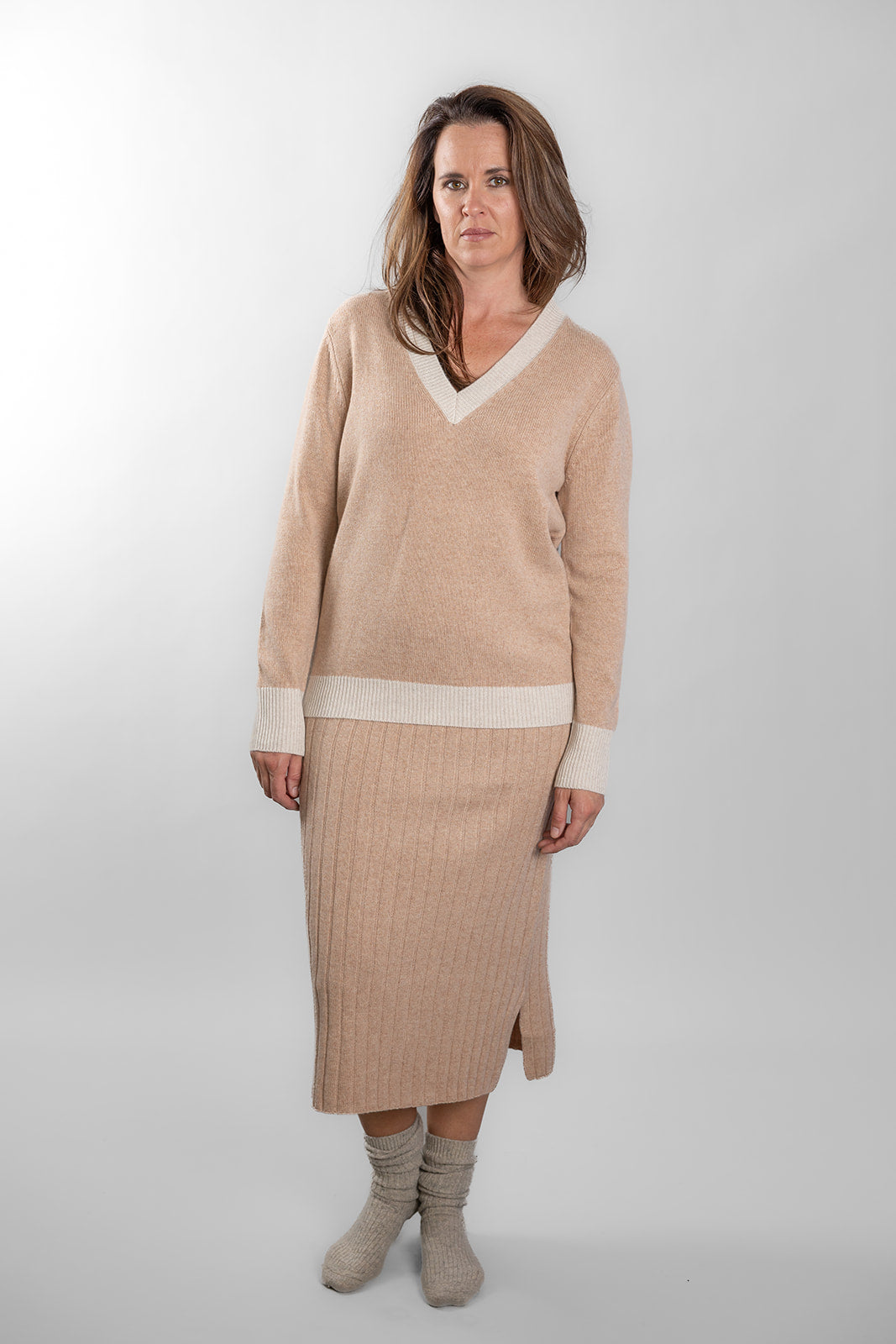Camel Ribbed V-Neck Jumper