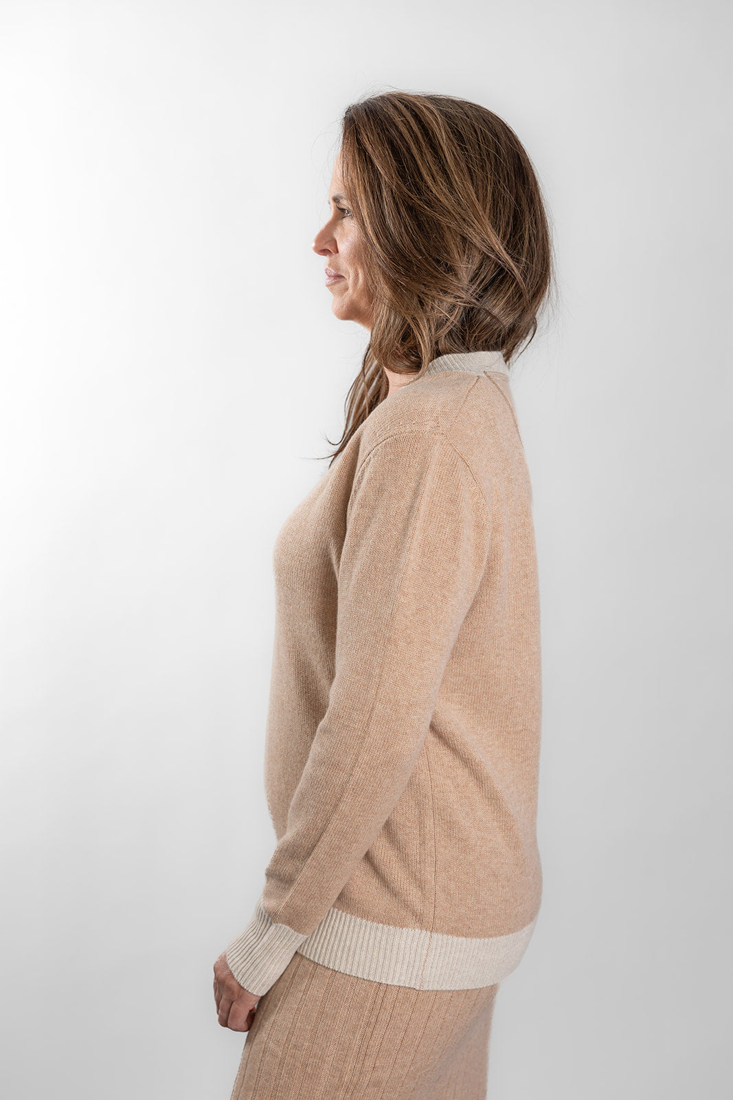 Camel Ribbed V-Neck Jumper