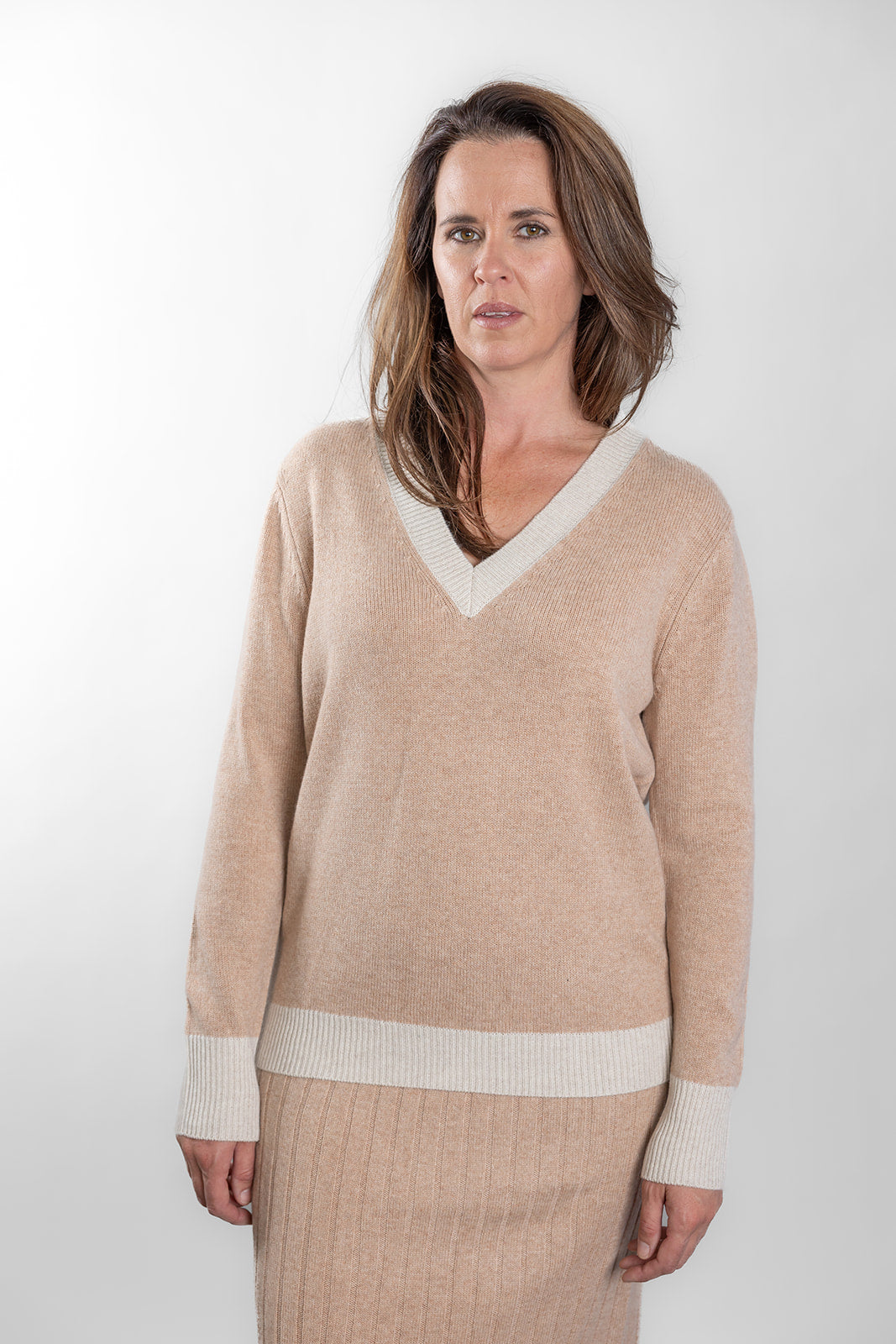 Camel Ribbed V-Neck Jumper