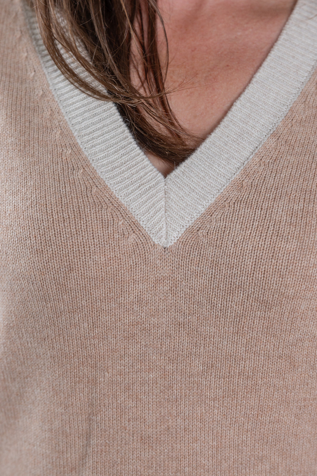 Camel Ribbed V-Neck Jumper