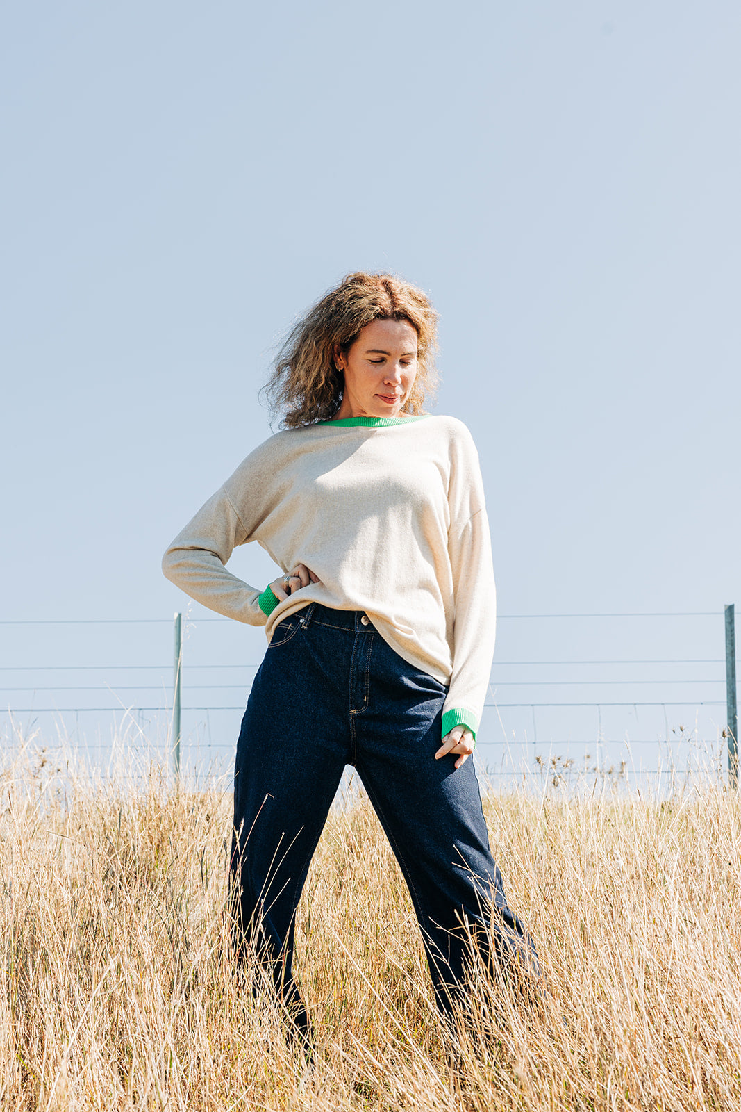 Oatmeal with Bright Green Contrast Swing