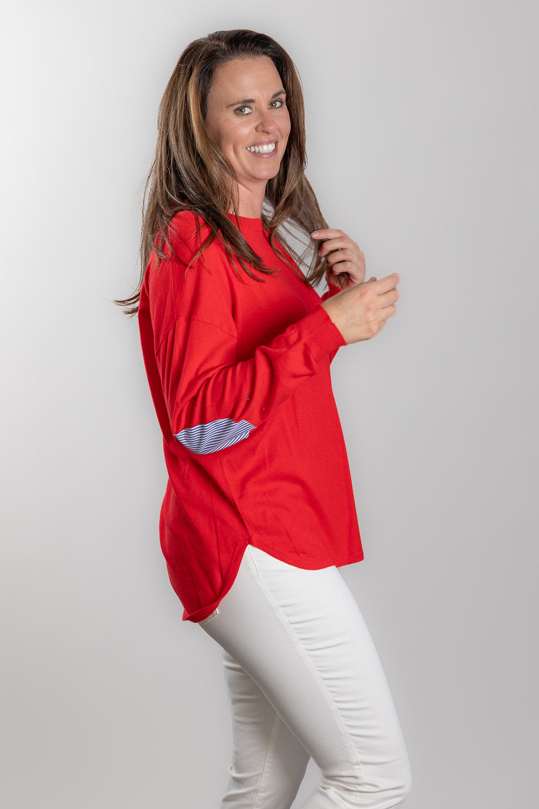 Red Cotton Cashmere Swing w Blue / White Stripe Patch