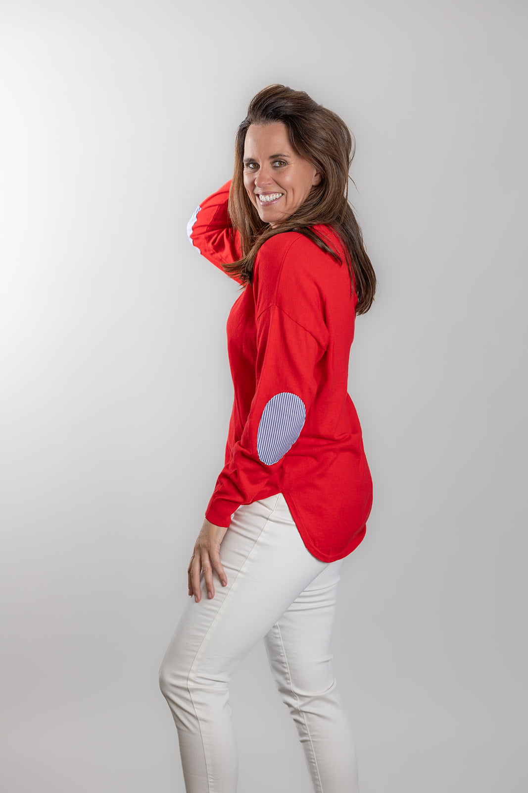 Red Cotton Cashmere Swing w Blue / White Stripe Patch