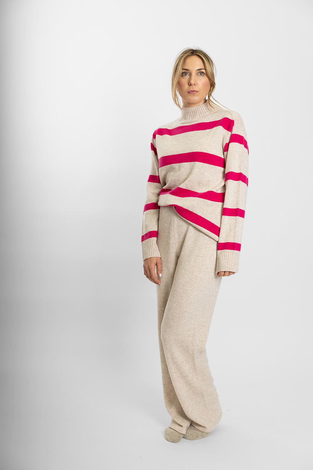 Oatmeal & Bright Pink Polo Neck