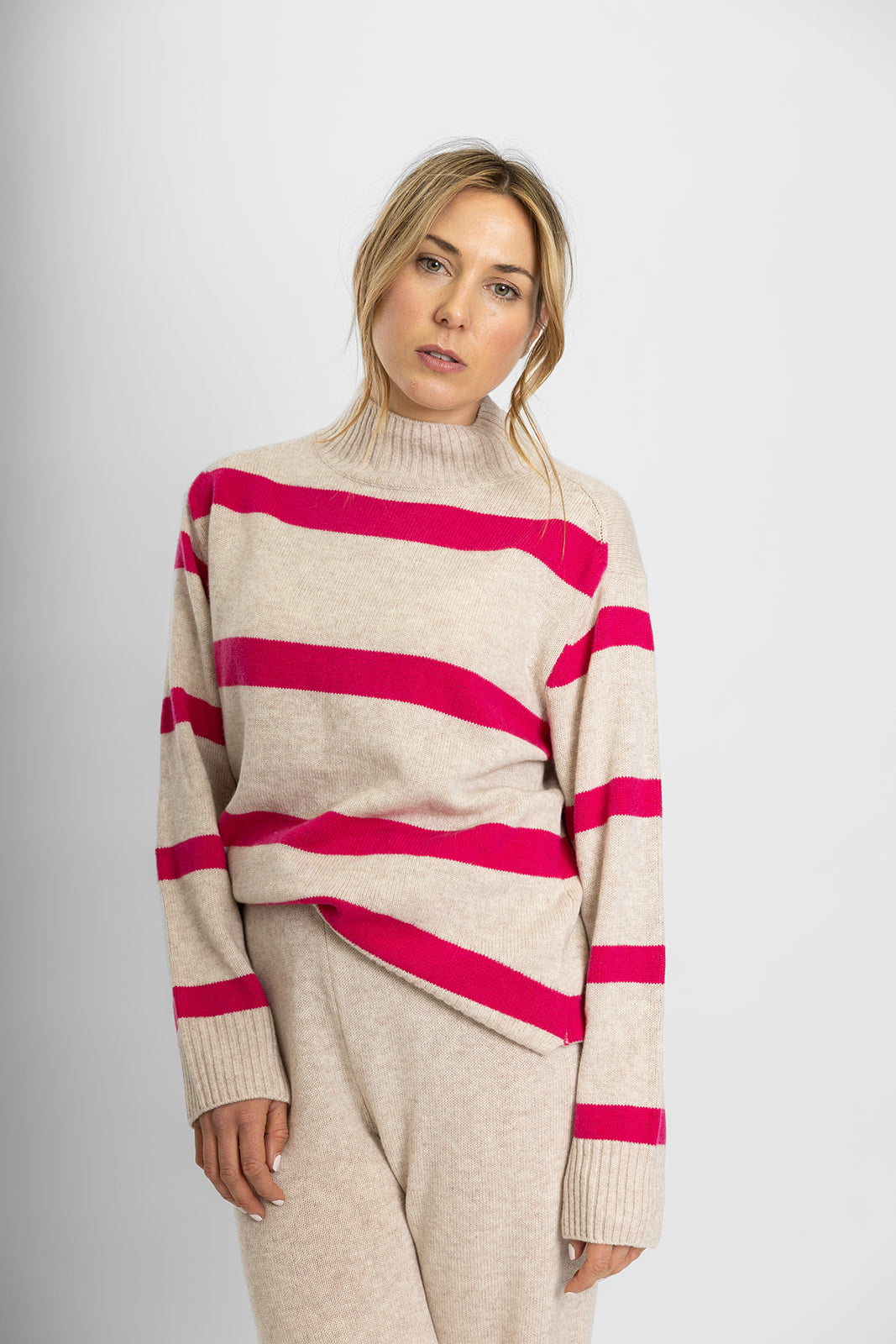 Oatmeal & Bright Pink Polo Neck
