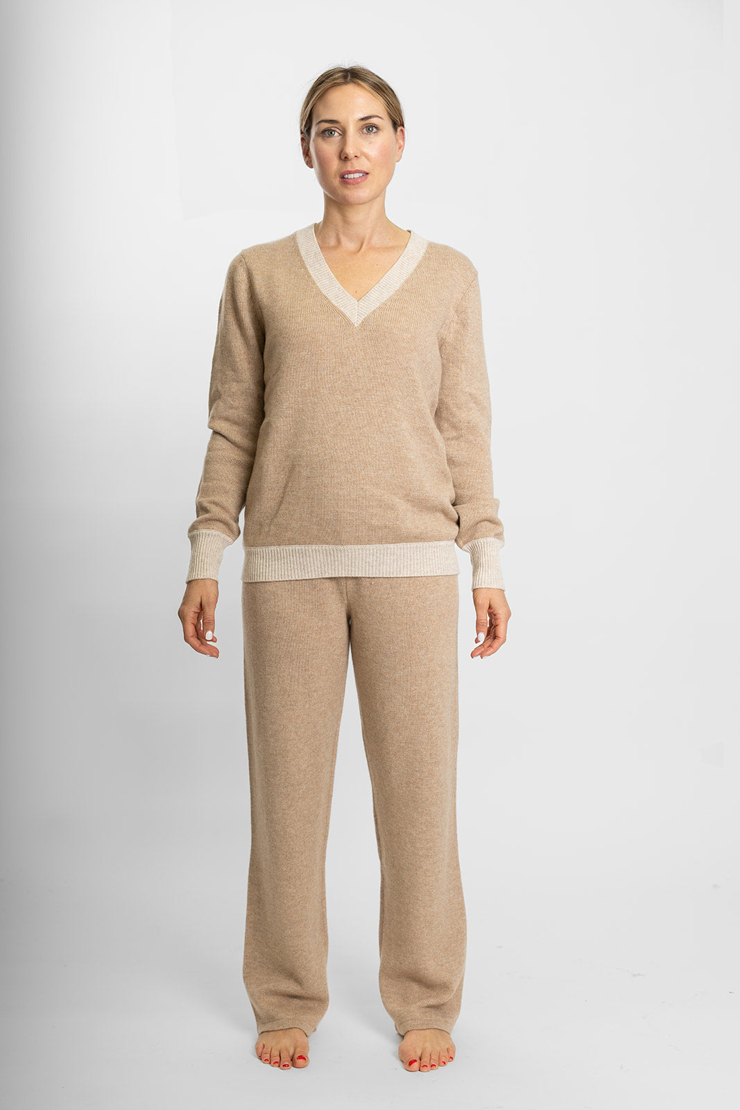 Camel Ribbed V-Neck Jumper