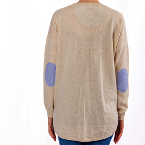 Oatmeal Swing Jumper with Blue and White Stripe Patches