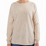 Load image into Gallery viewer, Oatmeal Swing Jumper with Blue and White Stripe Patches
