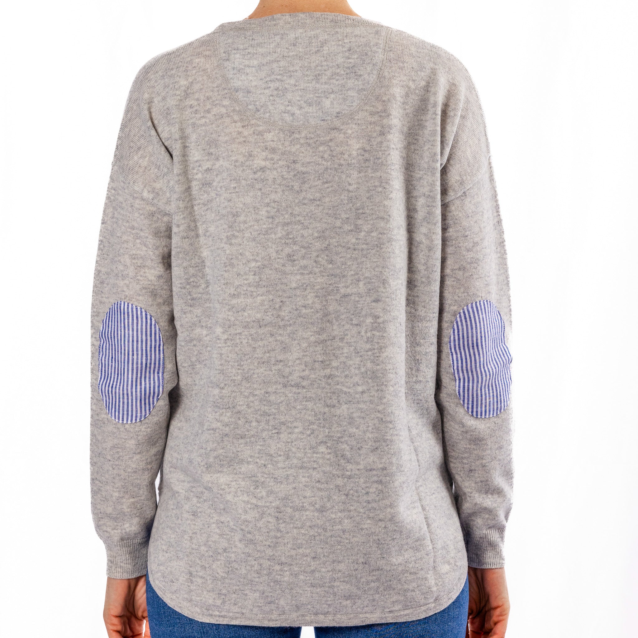 Grey Swing Jumper with Blue and White Stripe Patches