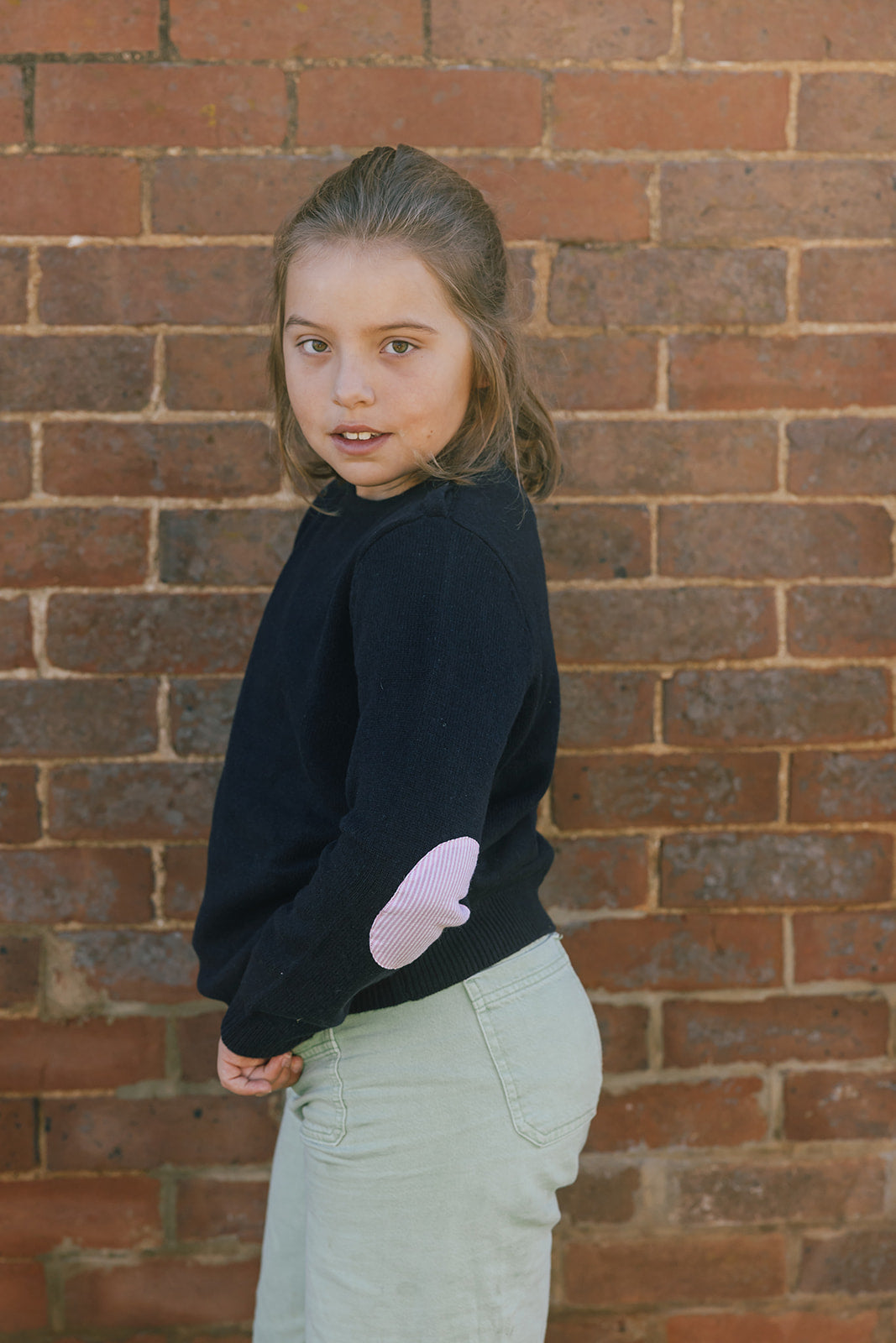 Navy Florence Crew Neck Jumper with Pink and White Stripe Patches