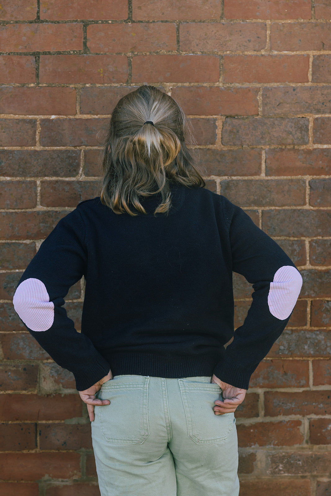 Navy Florence Crew Neck Jumper with Pink and White Stripe Patches