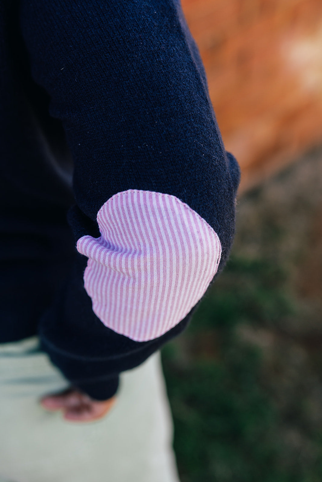 Navy Florence Crew Neck Jumper with Pink and White Stripe Patches