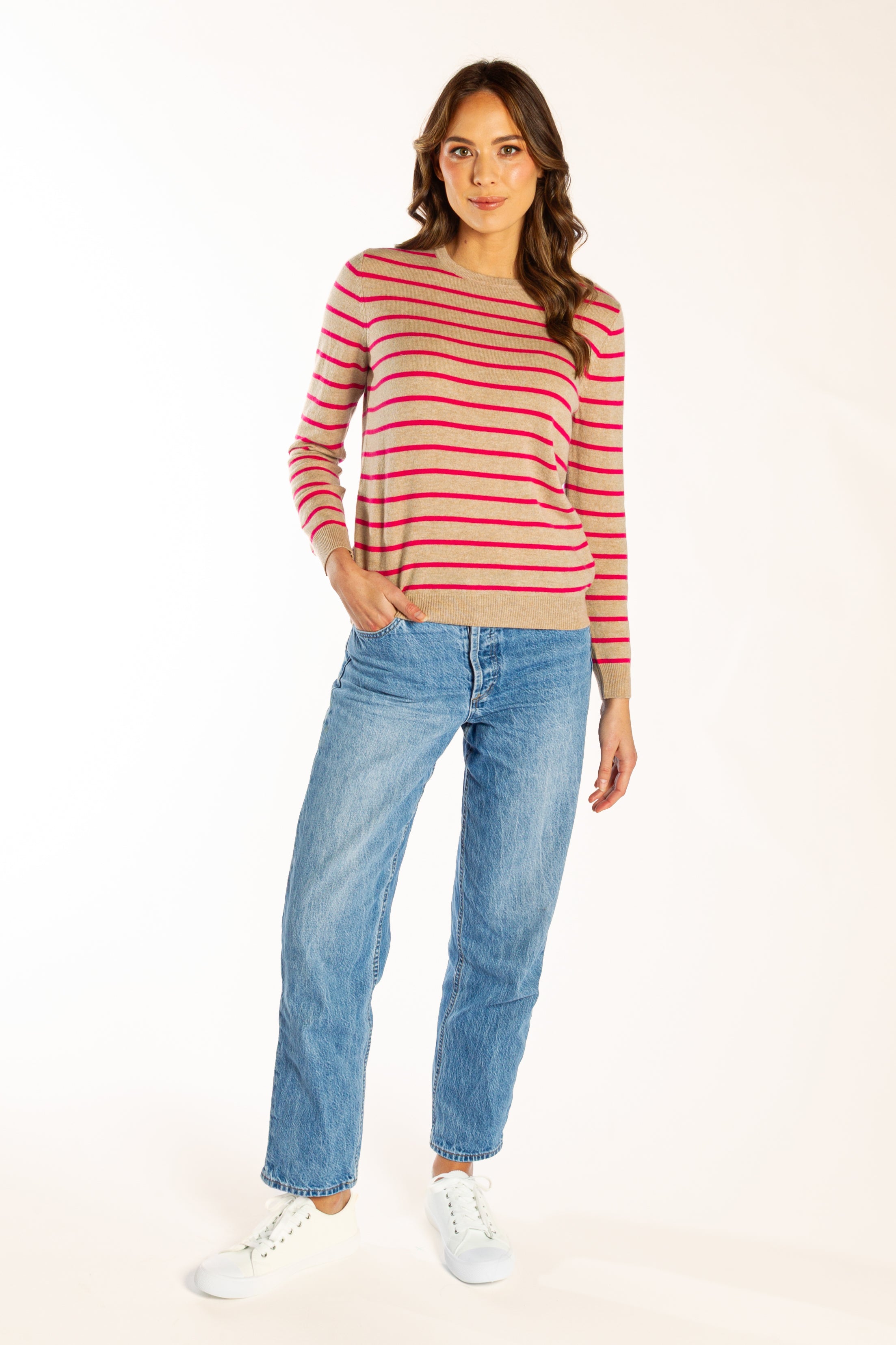 Latte and Bright Pink Breton Crew Neck