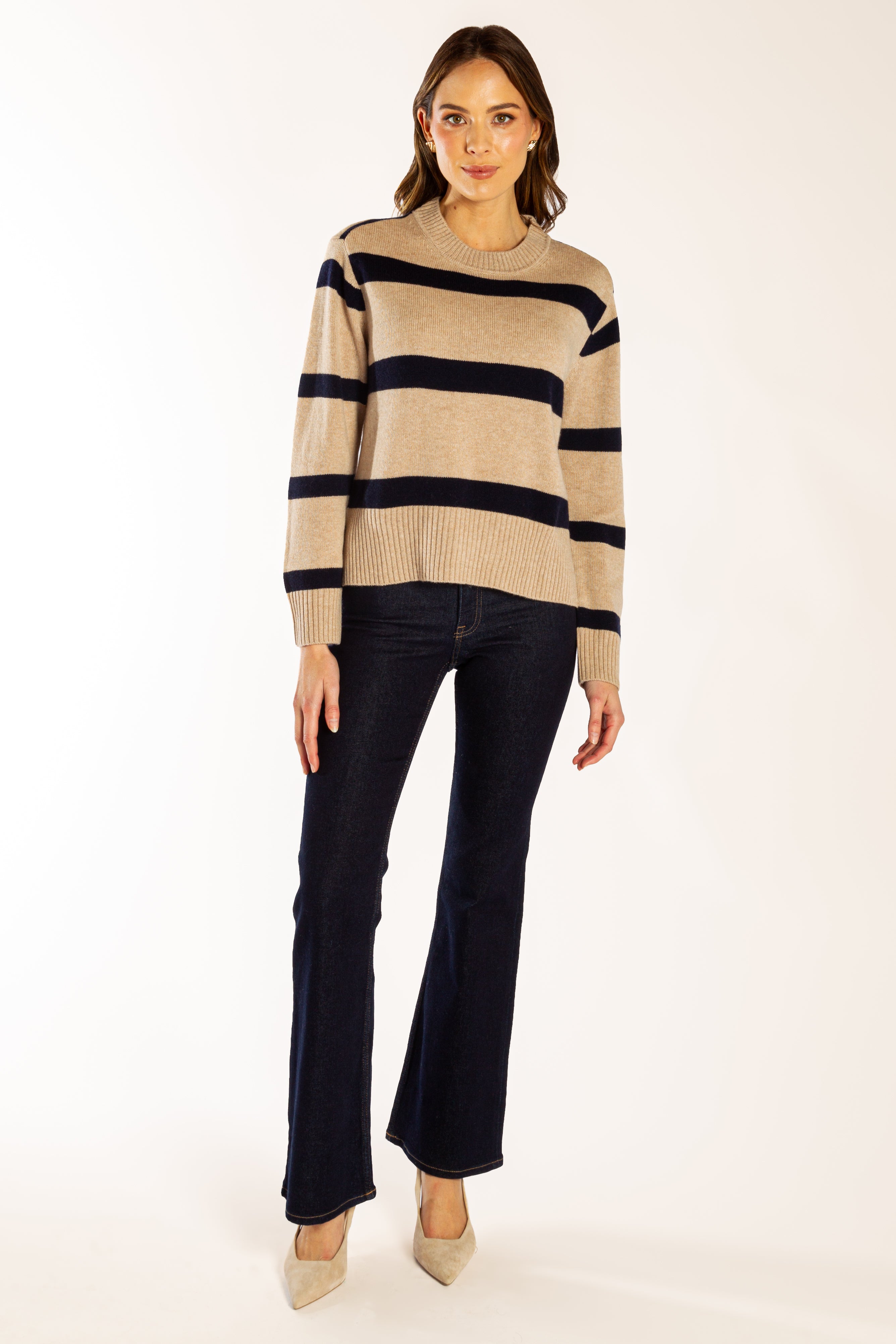 Latte w Navy Stripe Boxy Crew Neck