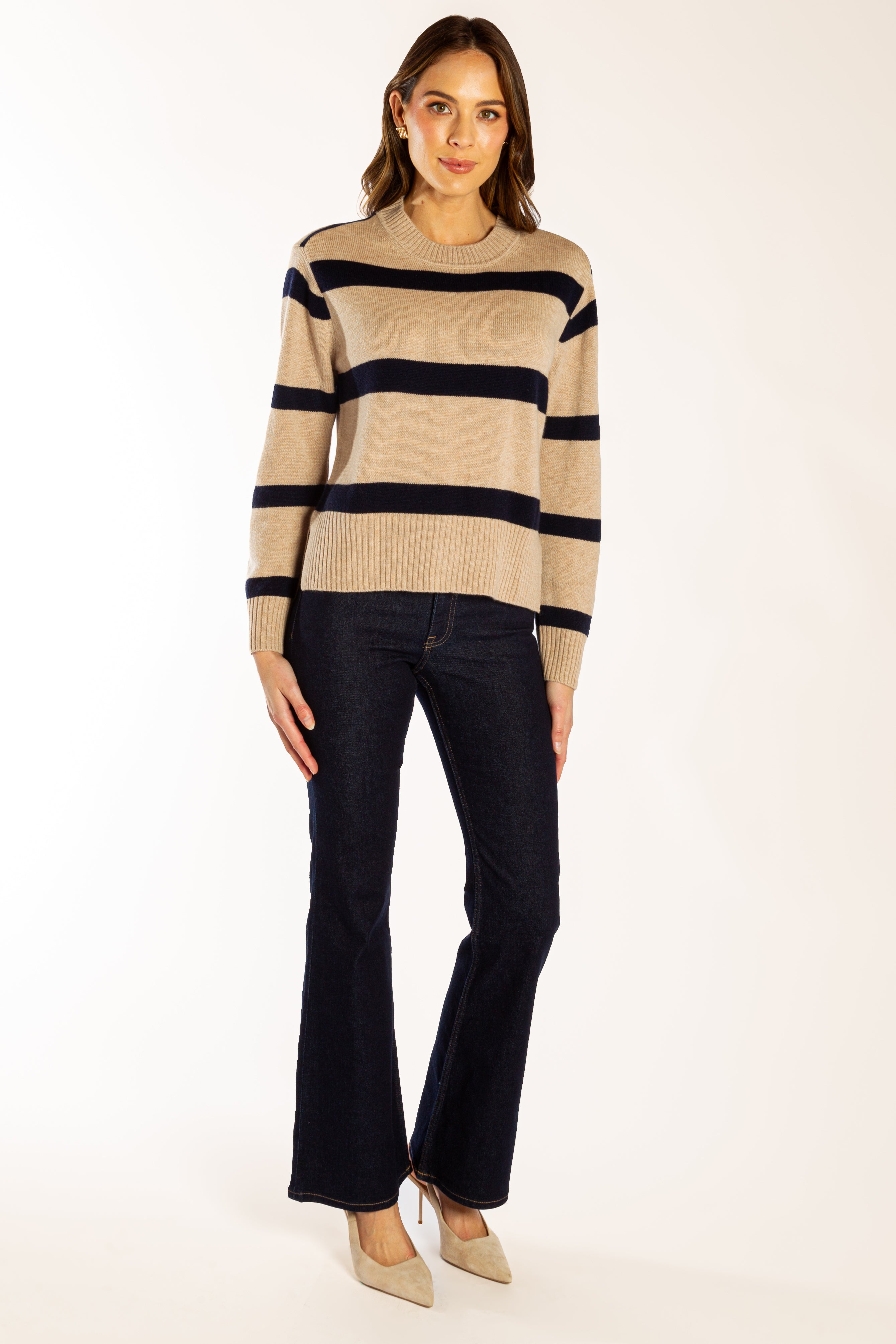 Latte w Navy Stripe Boxy Crew Neck