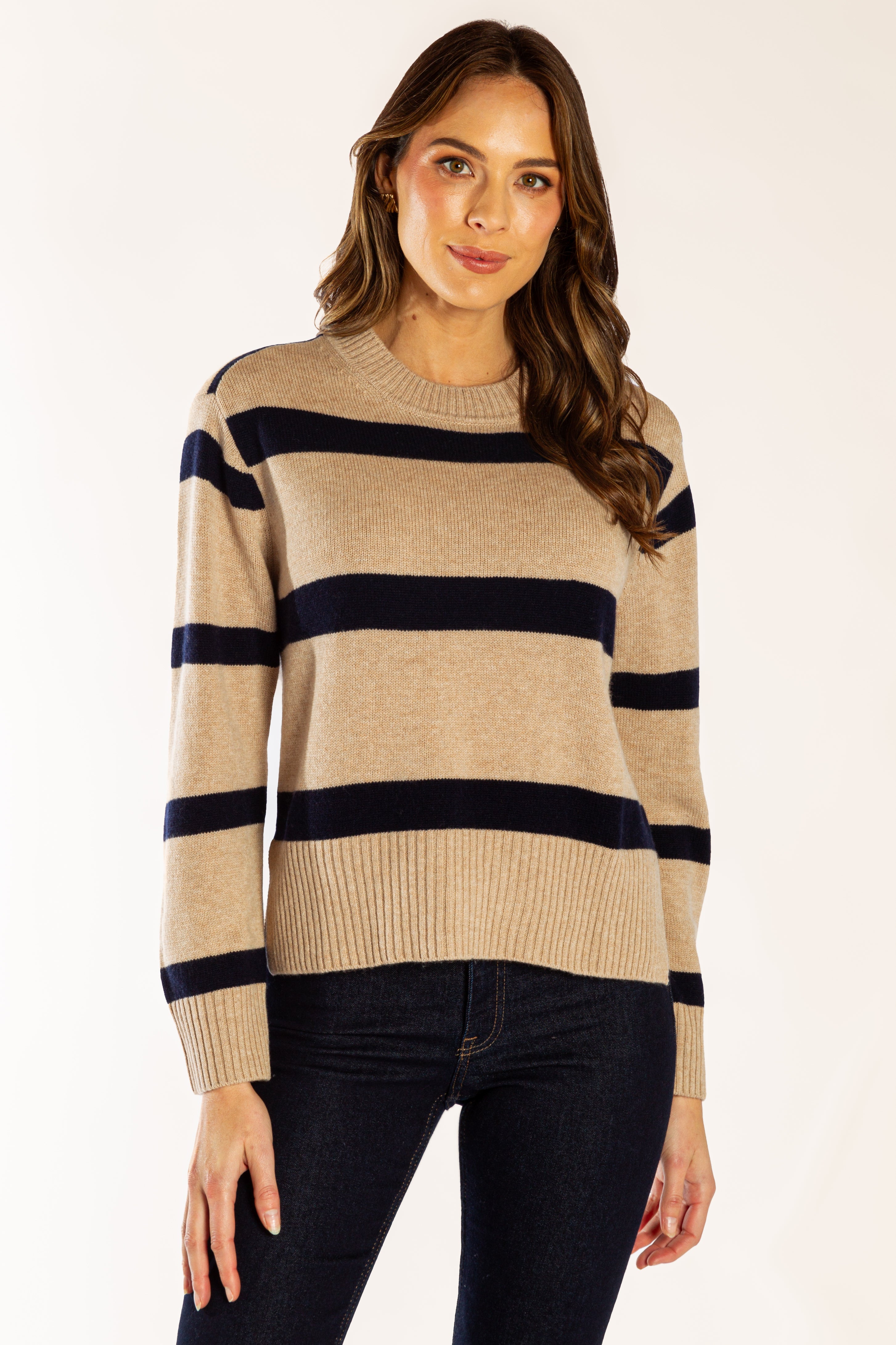 Latte w Navy Stripe Boxy Crew Neck
