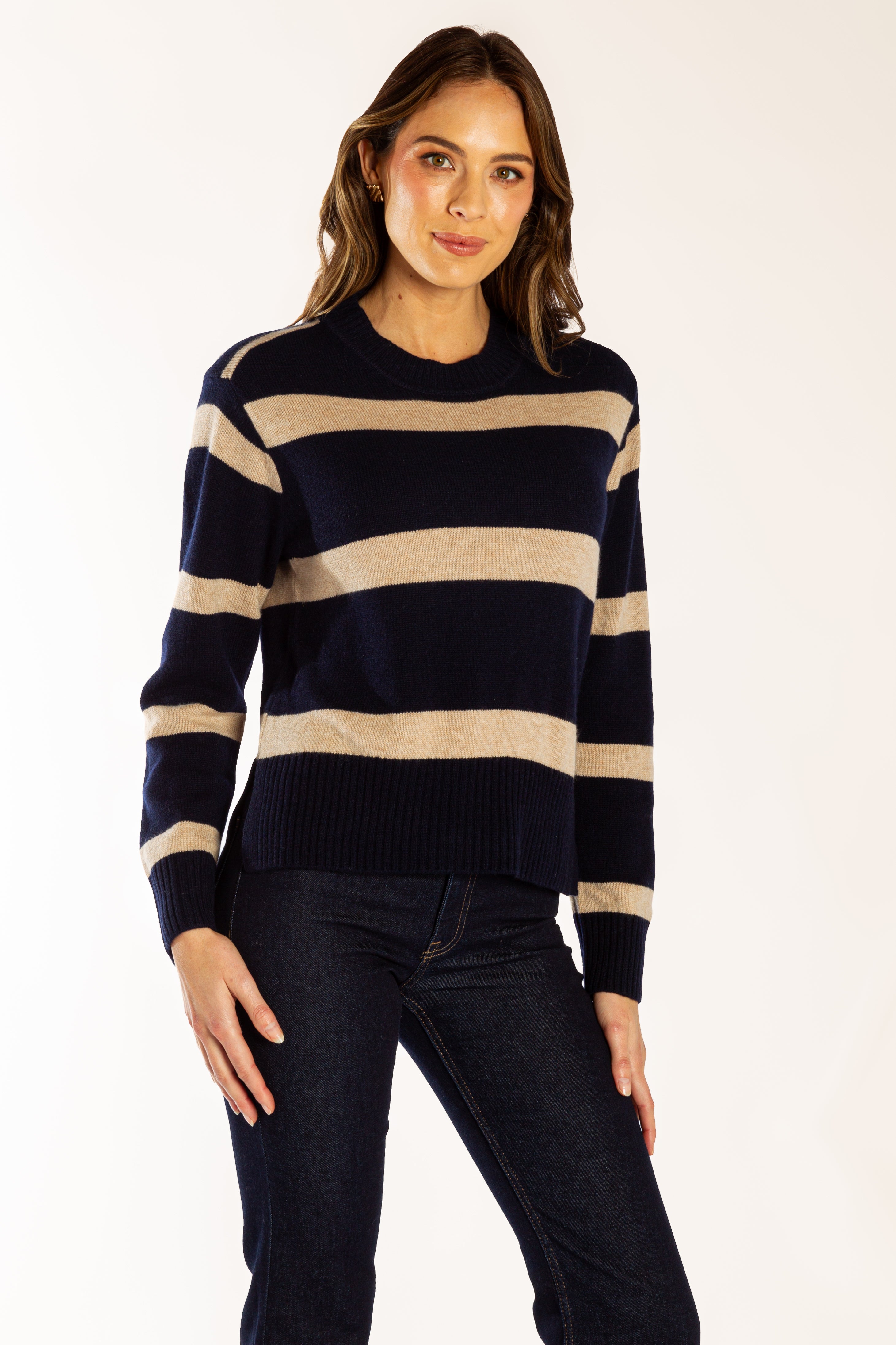 Navy w Latte Stripe Boxy Crew Neck