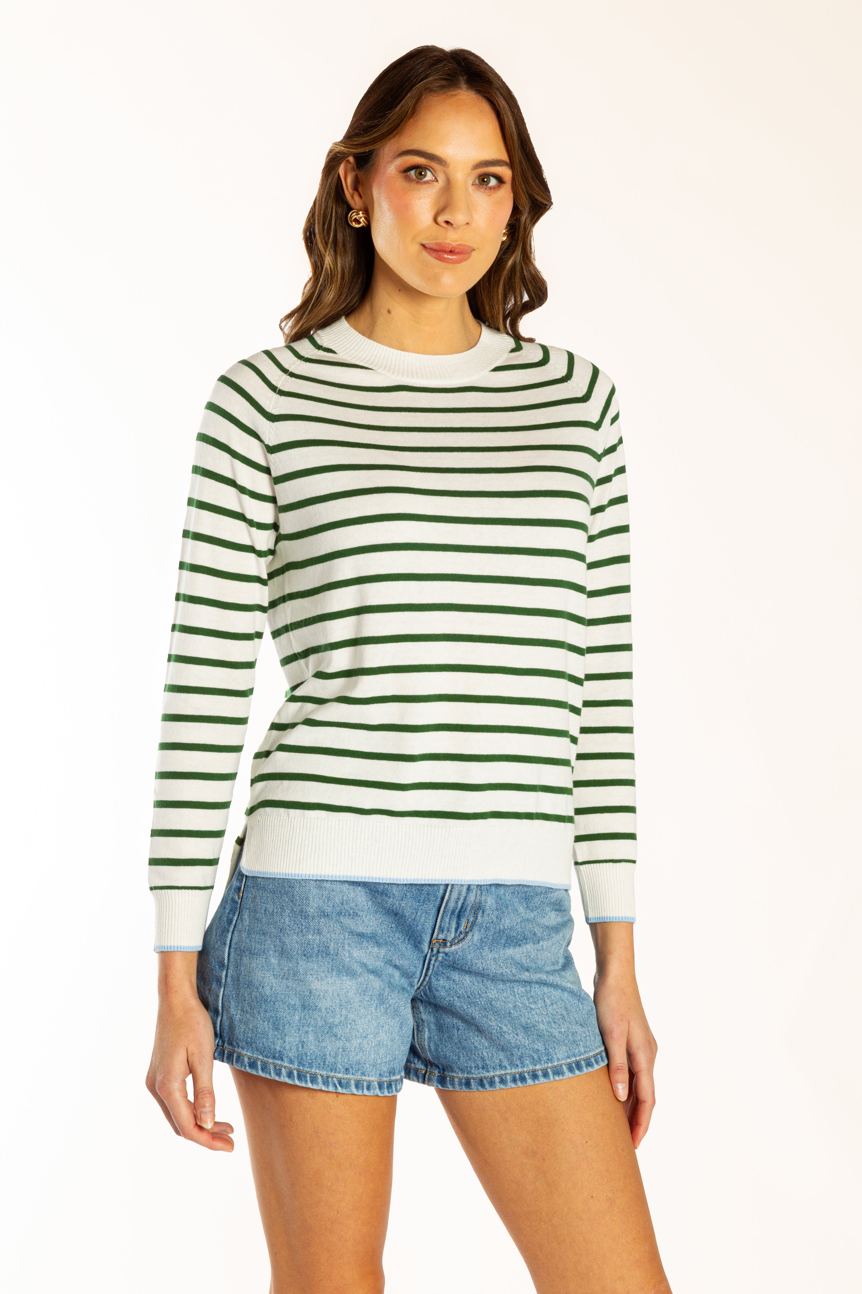 White & Green Stripe w Blue Contrast Cotton Cashmere Striped Crew Neck
