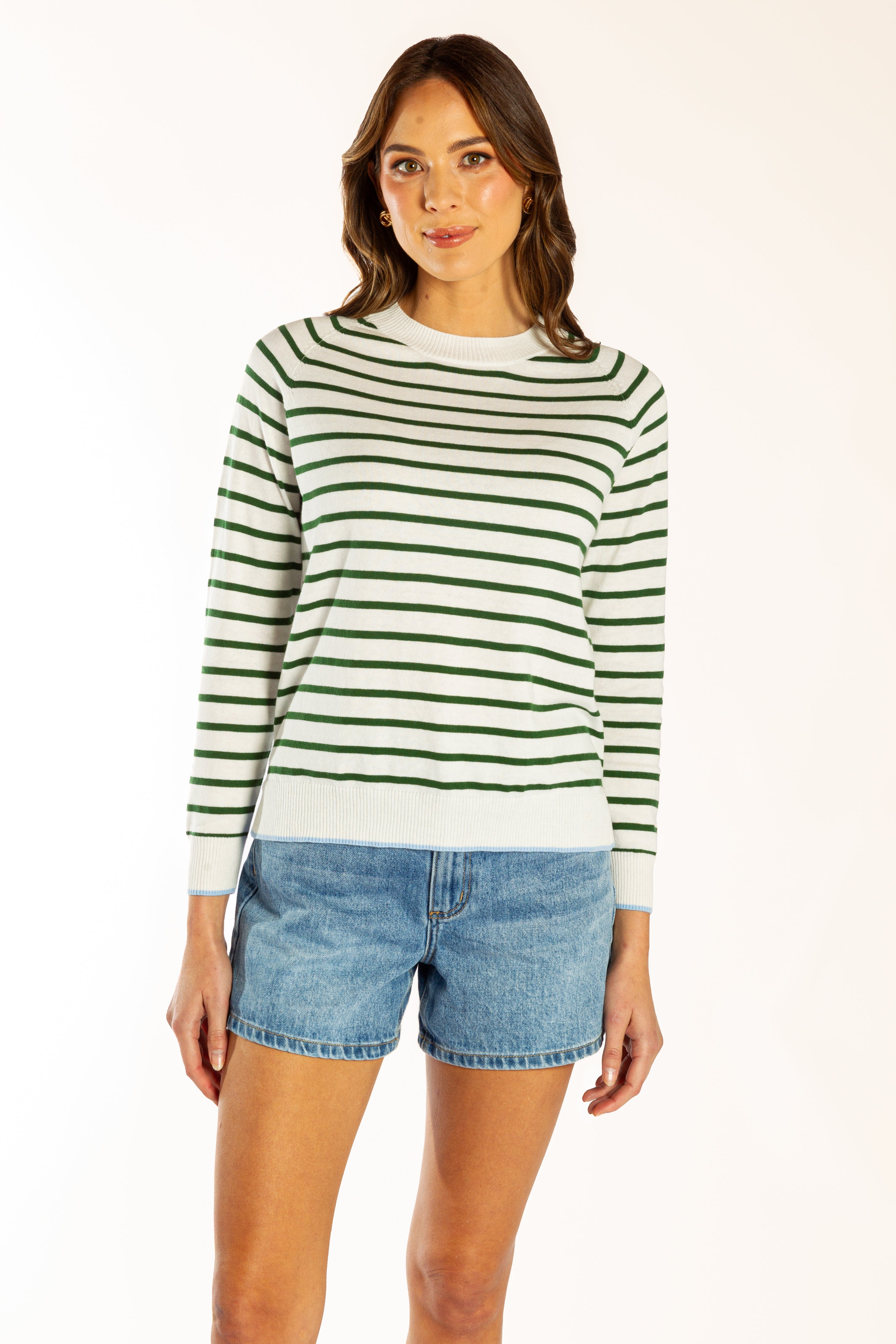 White & Green Stripe w Blue Contrast Cotton Cashmere Striped Crew Neck