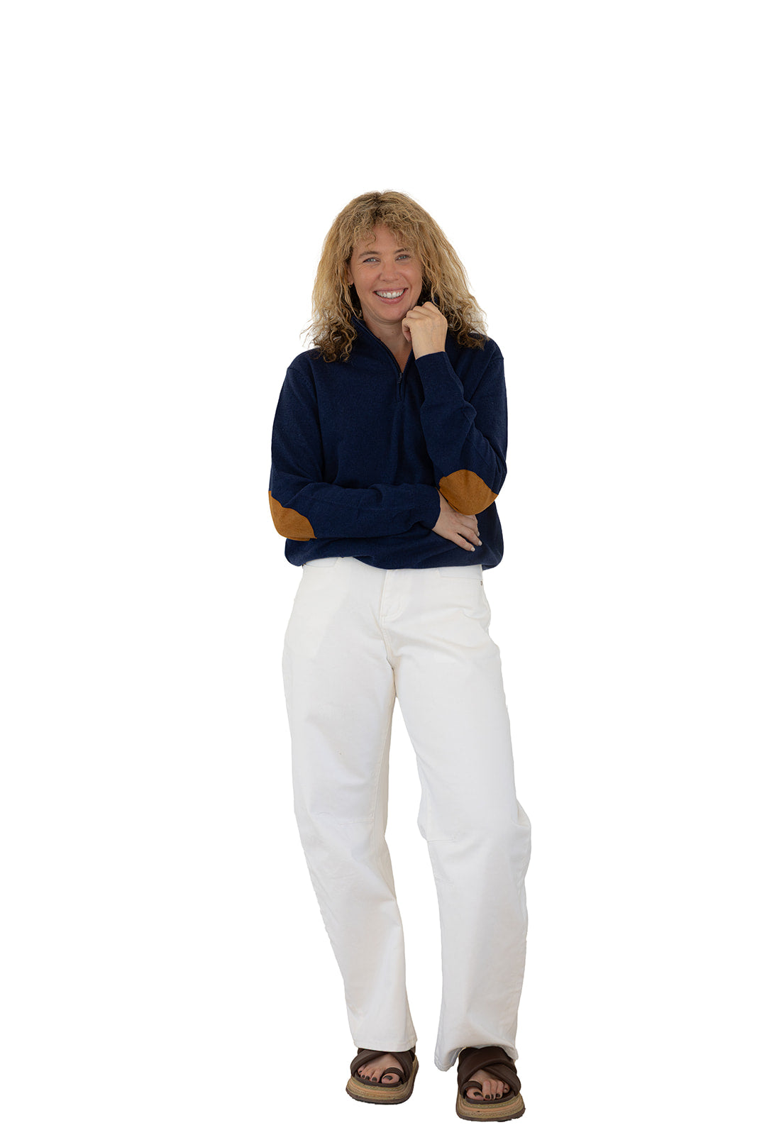 Ink Blue Unisex Zip Collar w Tan Elbow Patches